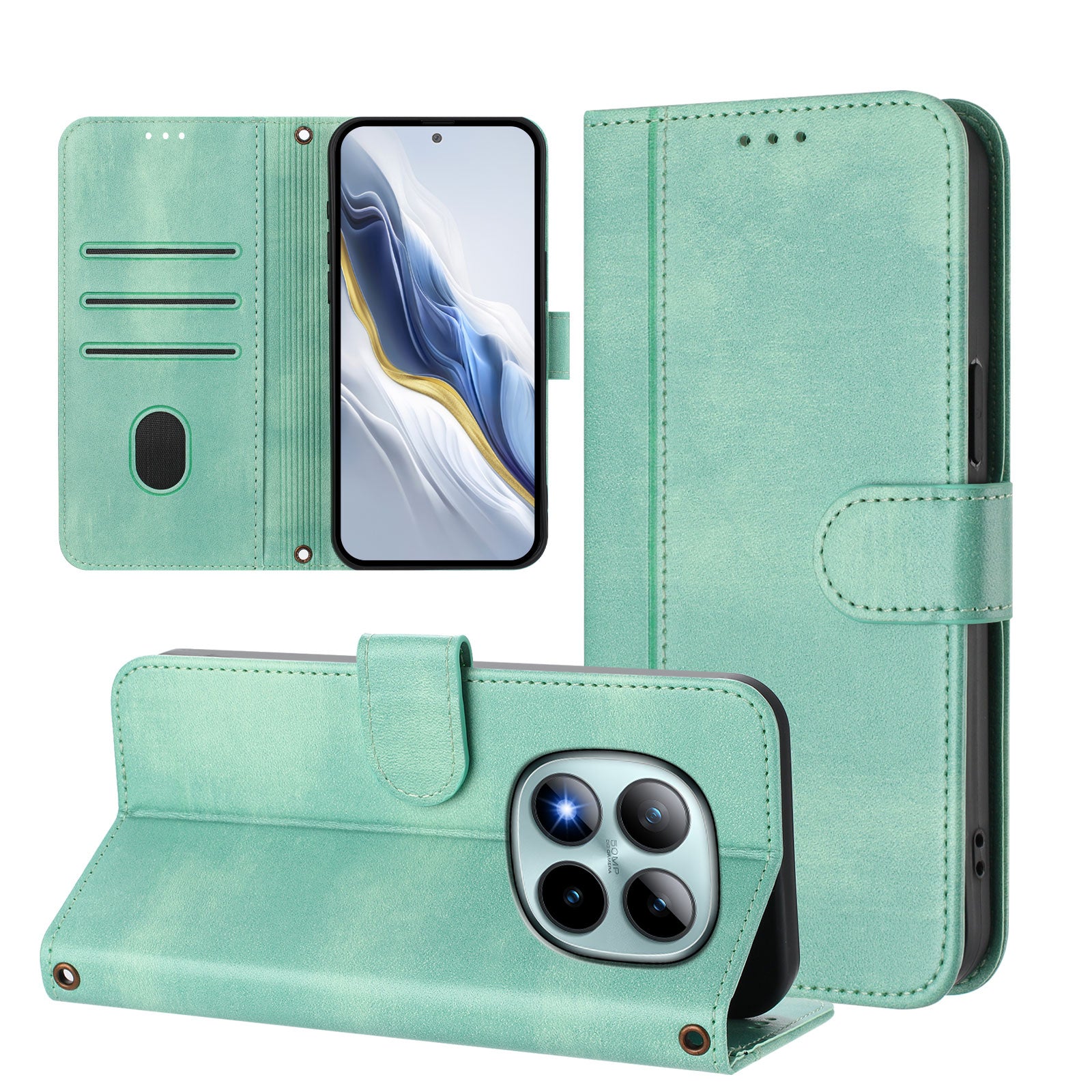 For Xiaomi Poco M8 Pro 5G / Redmi Note 15 Pro+ 5G (Global) Cases Wallet Stand Retro Texture Leather Phone Cover with Lanyard - Mint Green