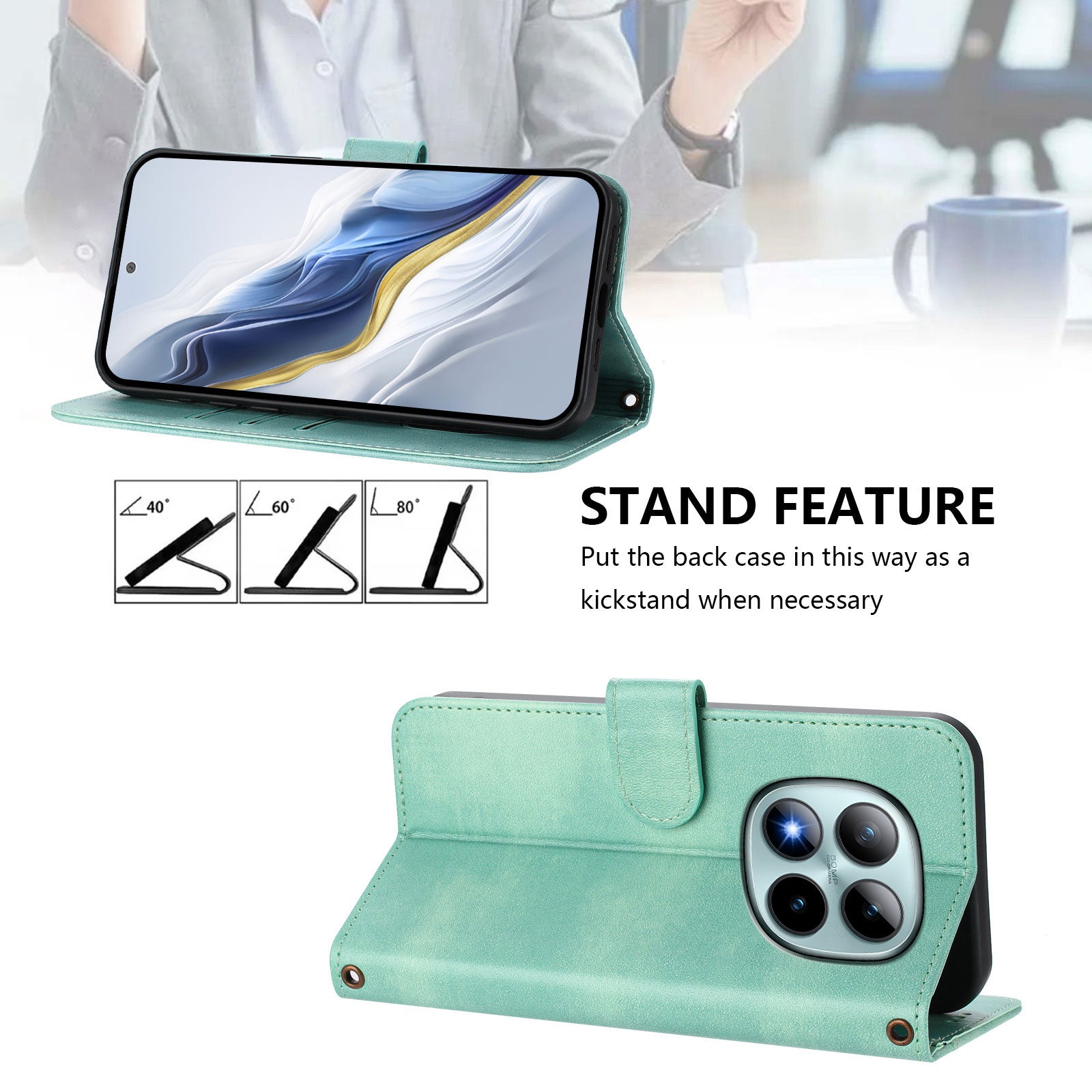 For Xiaomi Poco M8 Pro 5G / Redmi Note 15 Pro+ 5G (Global) Cases Wallet Stand Retro Texture Leather Phone Cover with Lanyard - Mint Green