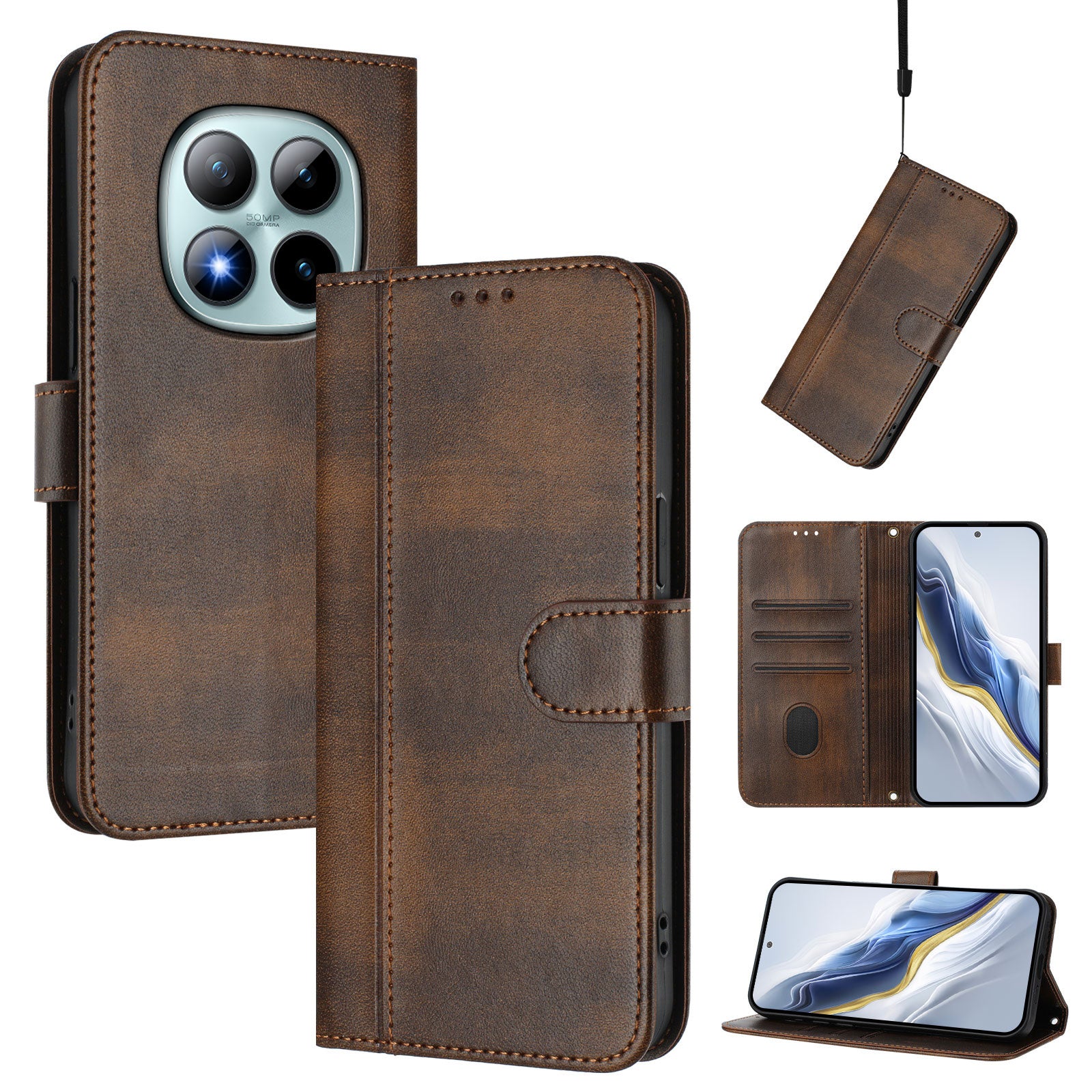 For Xiaomi Poco M8 Pro 5G / Redmi Note 15 Pro+ 5G (Global) Cases Wallet Stand Retro Texture Leather Phone Cover with Lanyard - Brown