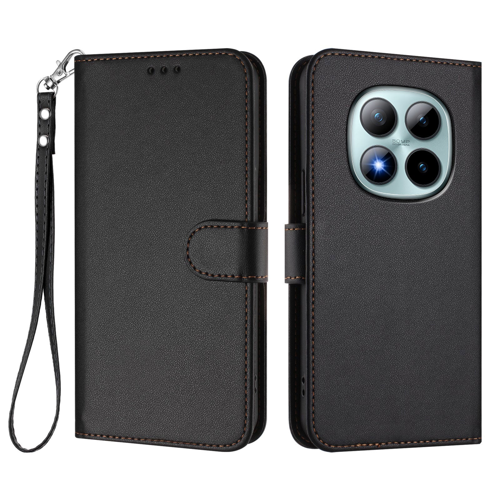 For Xiaomi Poco M8 Pro 5G / Redmi Note 15 Pro+ 5G (Global) Leather Case Wallet Stand Phone Cover with Wrist Strap - Black