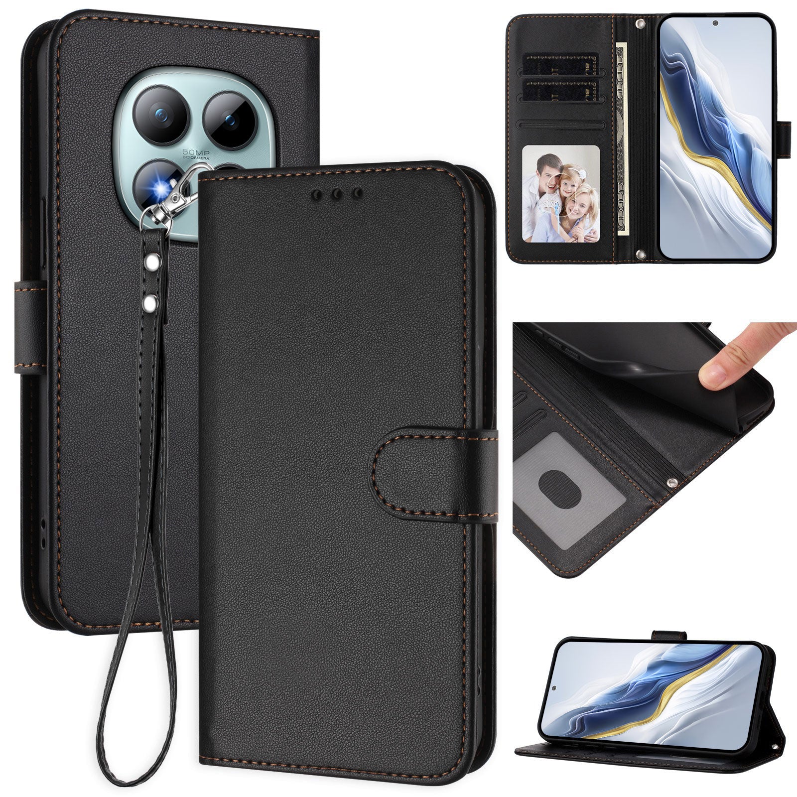 For Xiaomi Poco M8 Pro 5G / Redmi Note 15 Pro+ 5G (Global) Leather Case Wallet Stand Phone Cover with Wrist Strap - Black