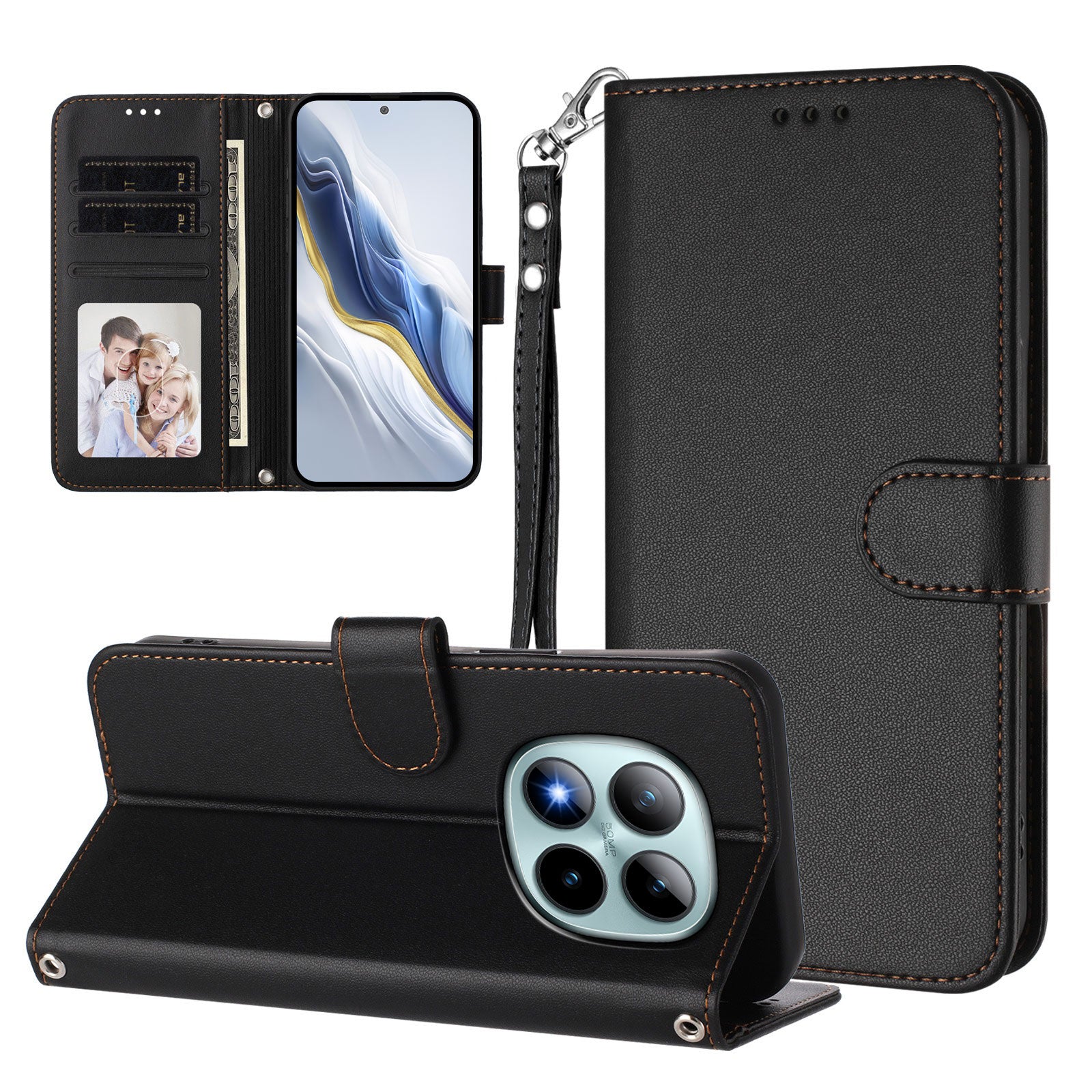 For Xiaomi Poco M8 Pro 5G / Redmi Note 15 Pro+ 5G (Global) Leather Case Wallet Stand Phone Cover with Wrist Strap - Black