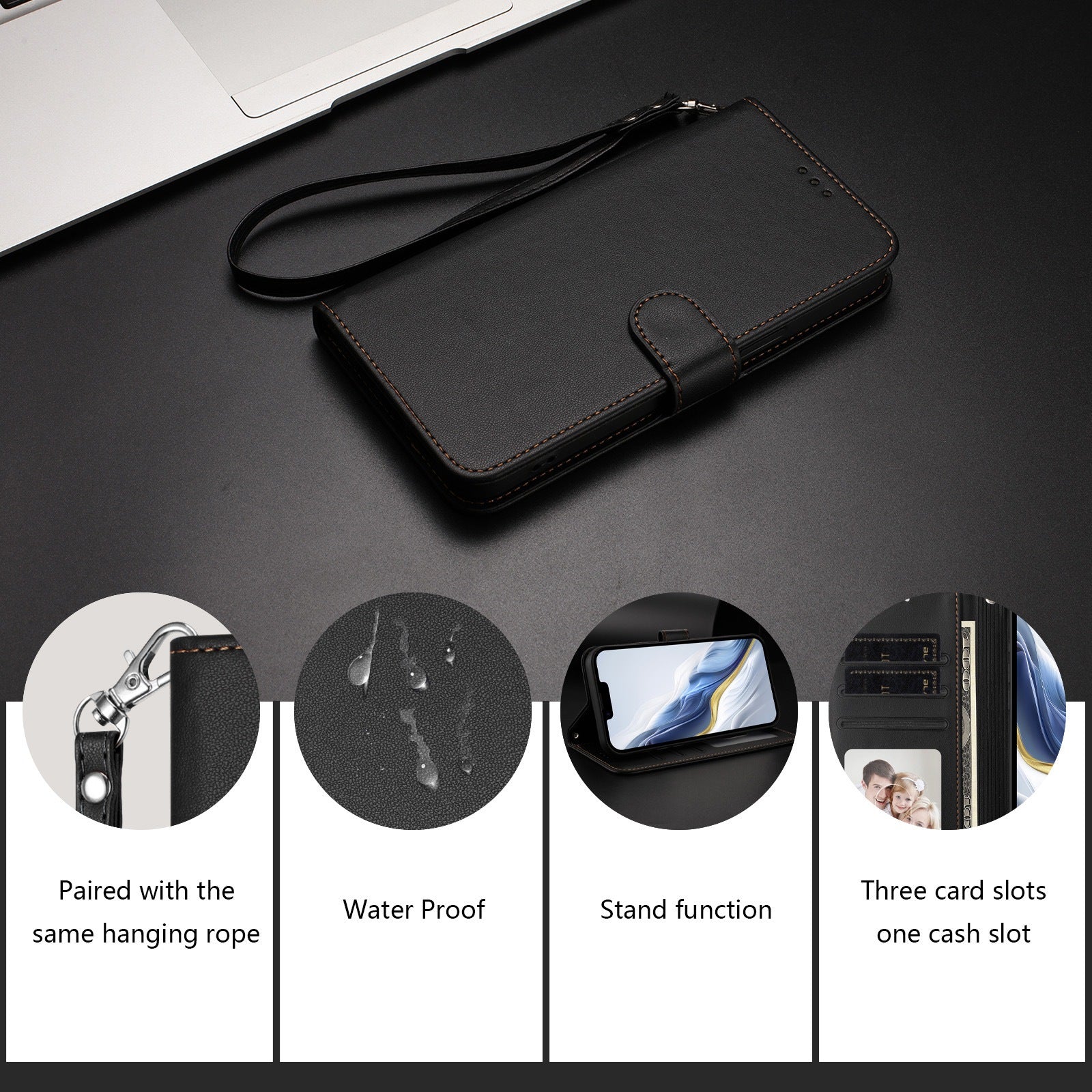 For Xiaomi Poco M8 Pro 5G / Redmi Note 15 Pro+ 5G (Global) Leather Case Wallet Stand Phone Cover with Wrist Strap - Black