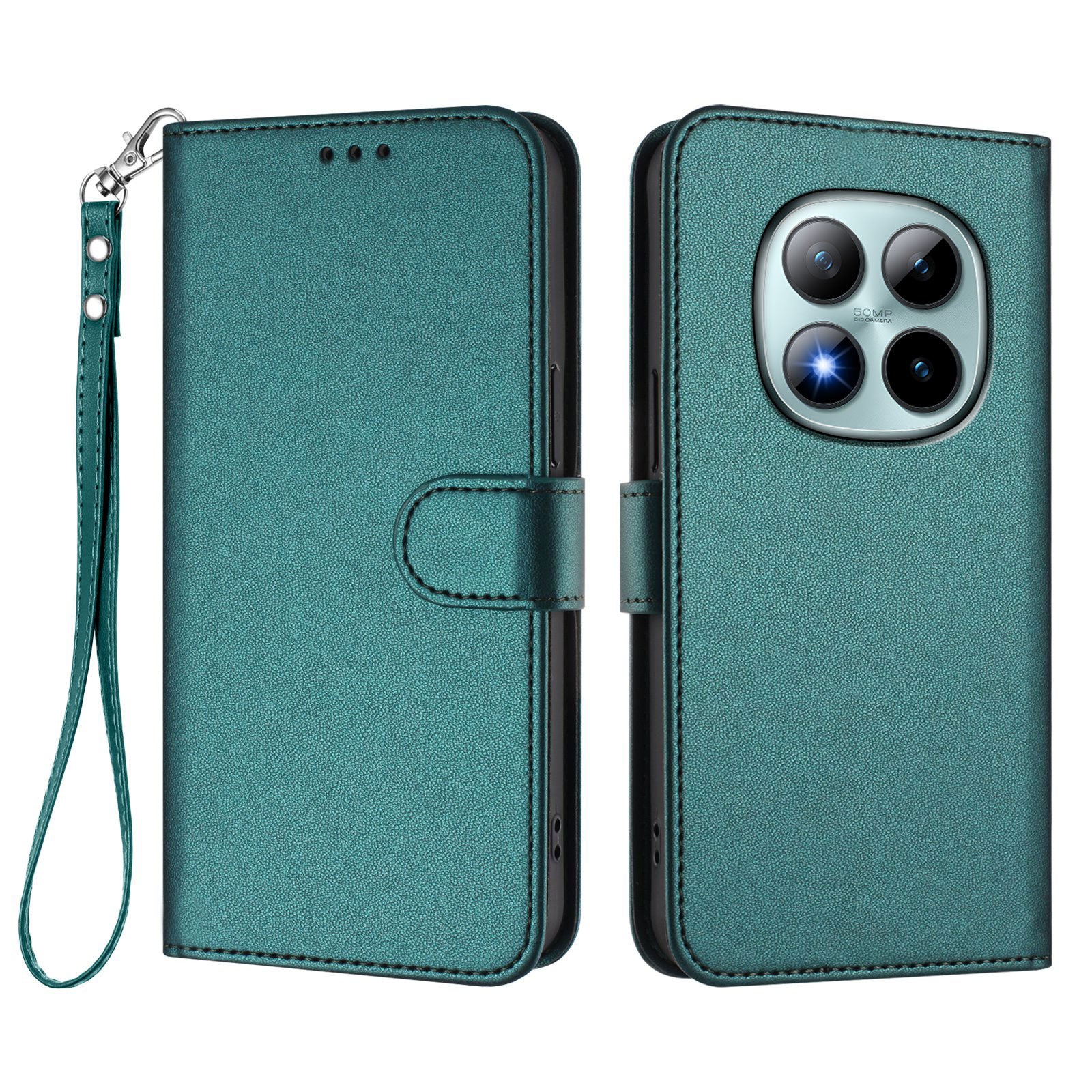 For Xiaomi Poco M8 Pro 5G / Redmi Note 15 Pro+ 5G (Global) Leather Case Wallet Stand Phone Cover with Wrist Strap - Green