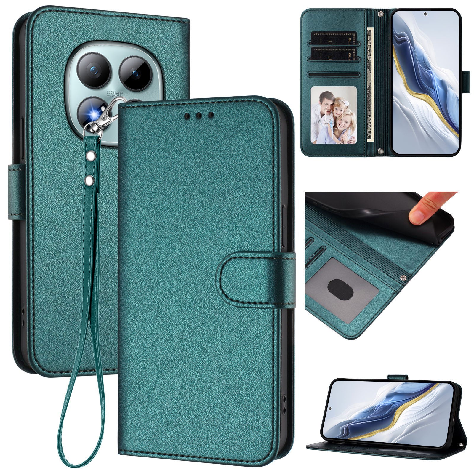 For Xiaomi Poco M8 Pro 5G / Redmi Note 15 Pro+ 5G (Global) Leather Case Wallet Stand Phone Cover with Wrist Strap - Green