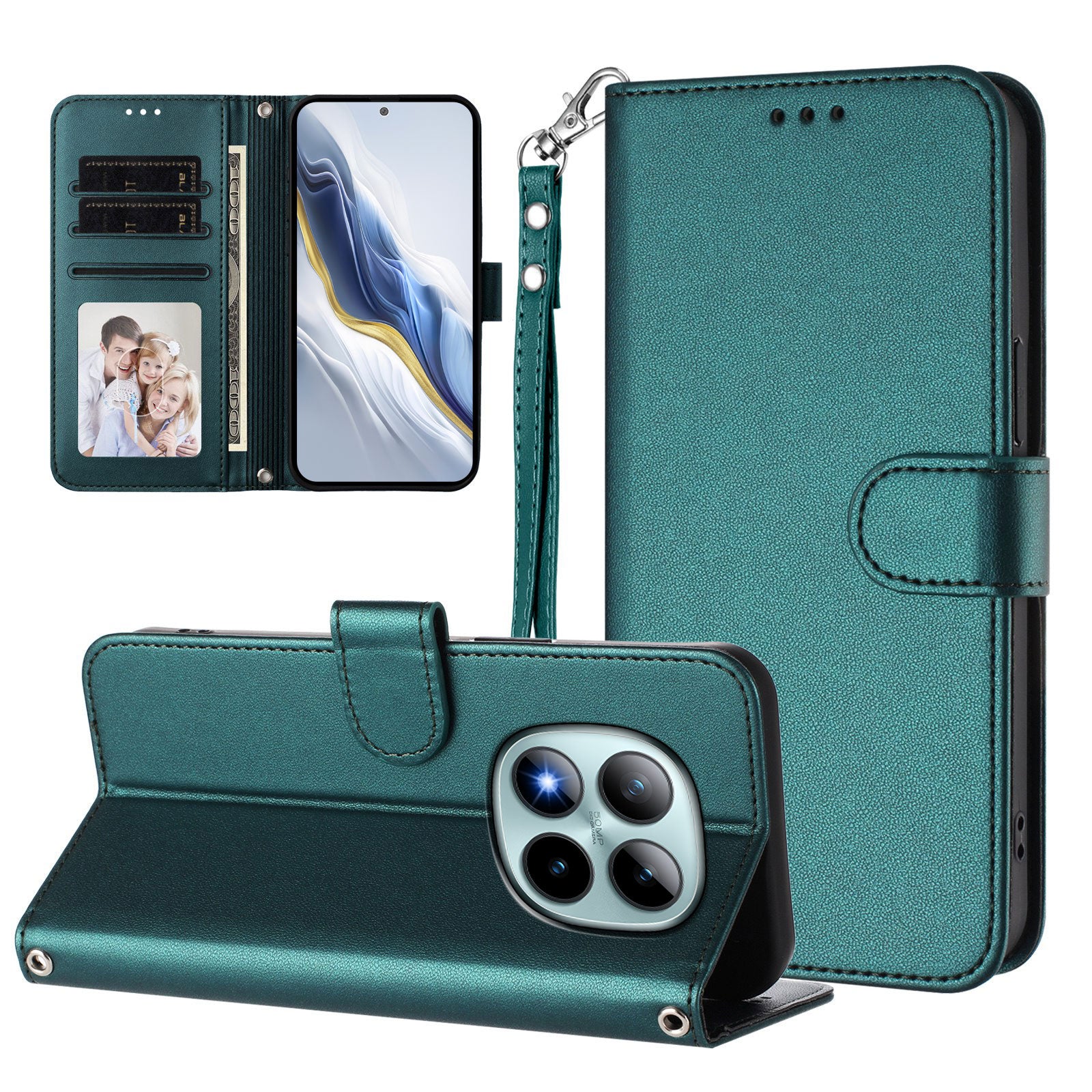 For Xiaomi Poco M8 Pro 5G / Redmi Note 15 Pro+ 5G (Global) Leather Case Wallet Stand Phone Cover with Wrist Strap - Green