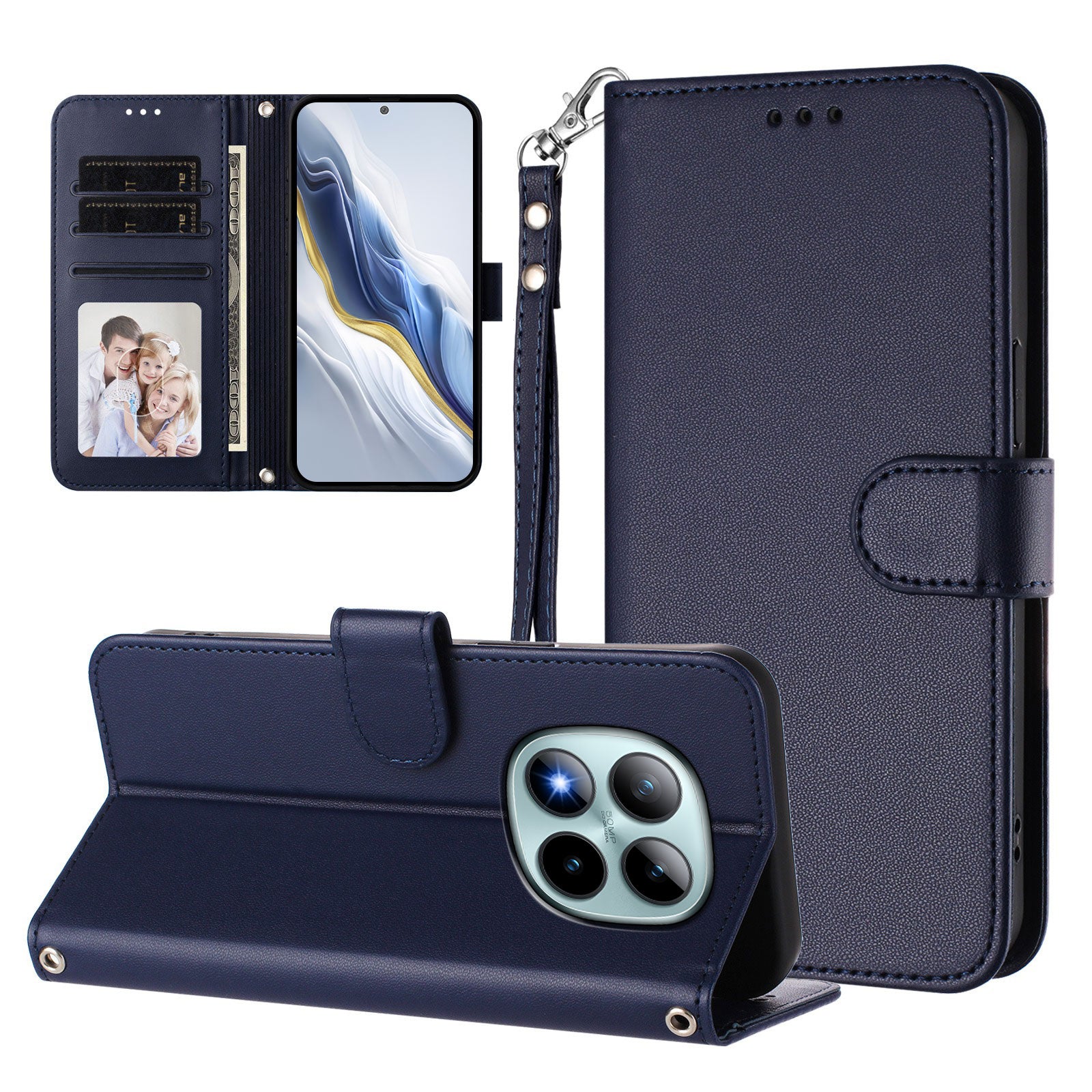 For Xiaomi Poco M8 Pro 5G / Redmi Note 15 Pro+ 5G (Global) Leather Case Wallet Stand Phone Cover with Wrist Strap - Blue