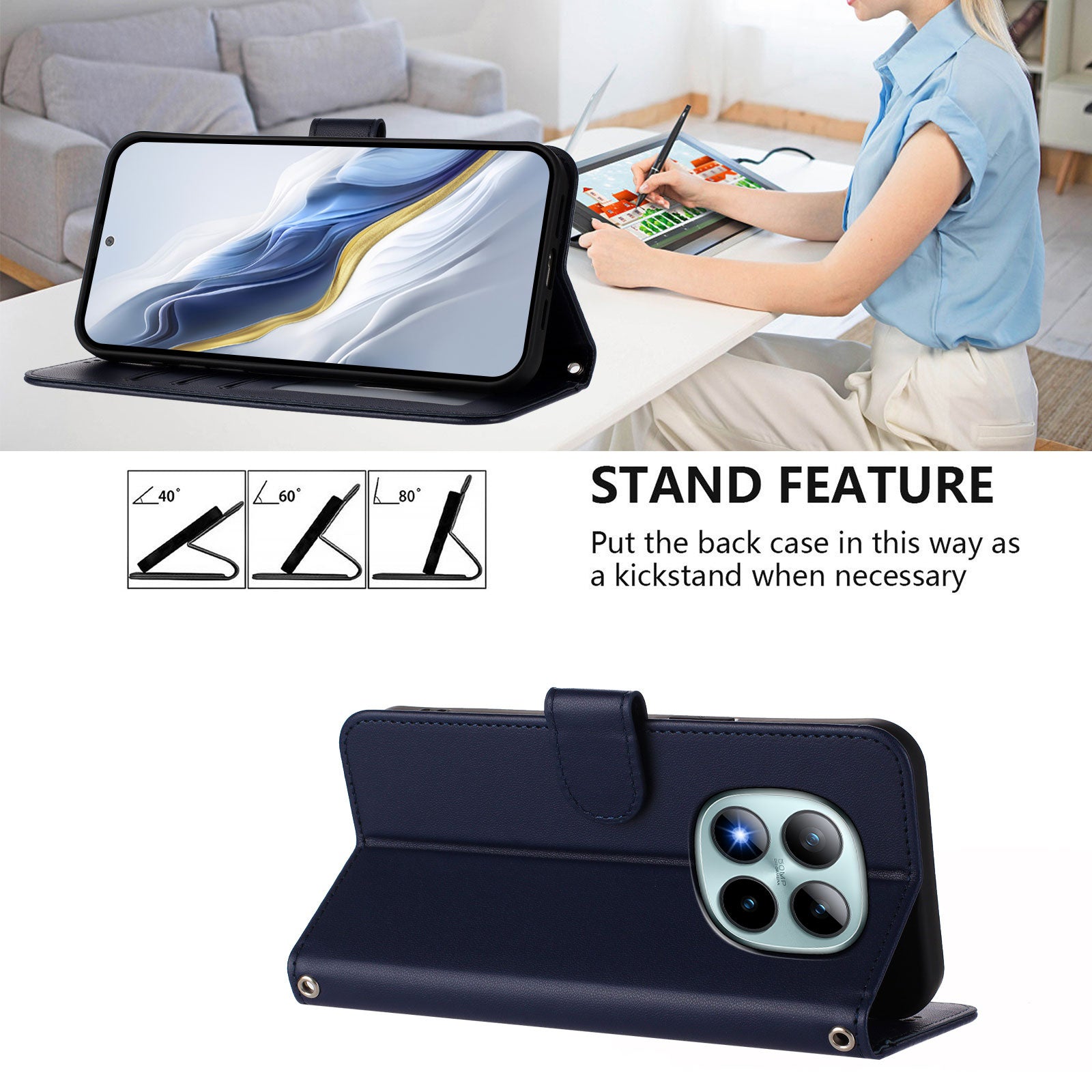 For Xiaomi Poco M8 Pro 5G / Redmi Note 15 Pro+ 5G (Global) Leather Case Wallet Stand Phone Cover with Wrist Strap - Blue
