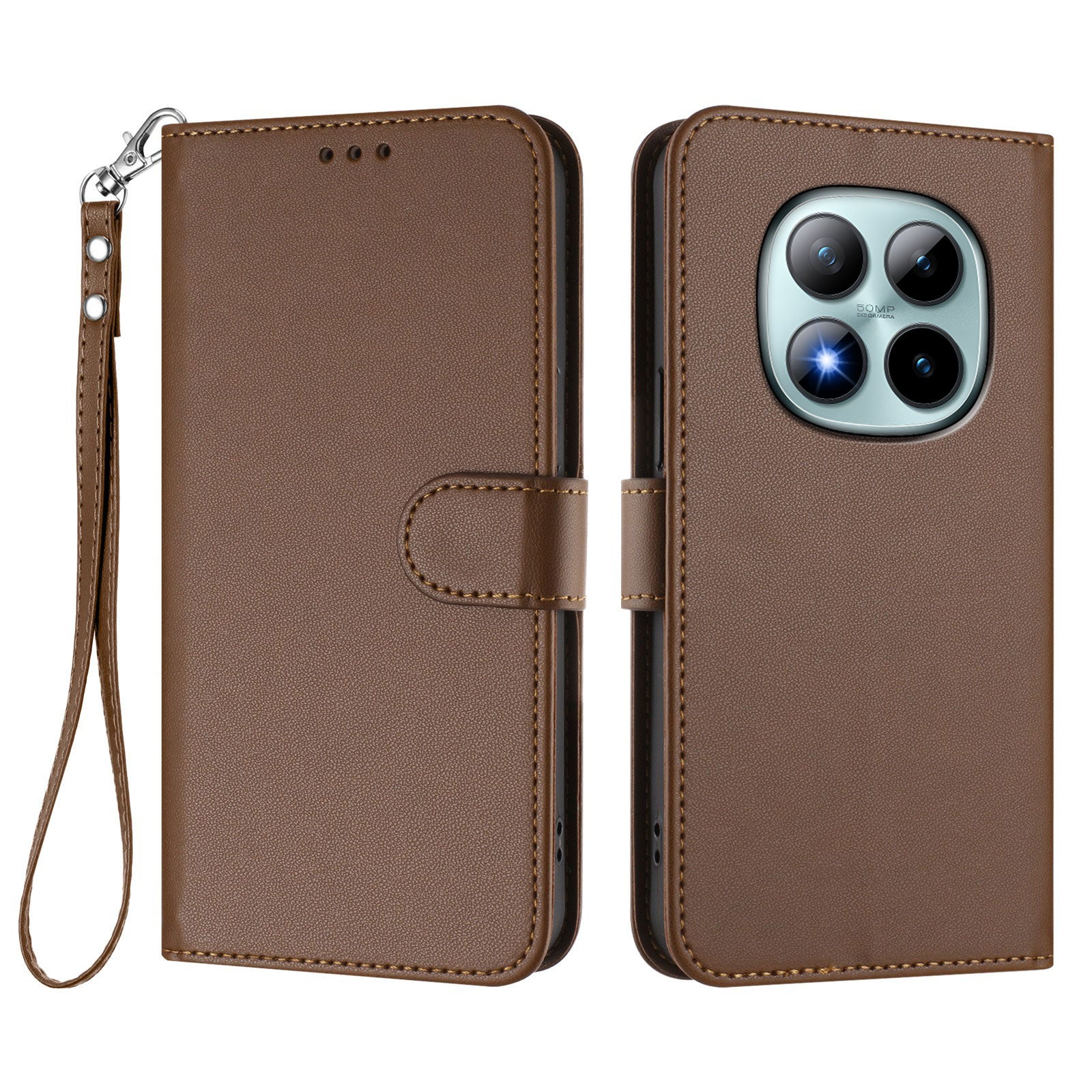 For Xiaomi Poco M8 Pro 5G / Redmi Note 15 Pro+ 5G (Global) Leather Case Wallet Stand Phone Cover with Wrist Strap - Brown