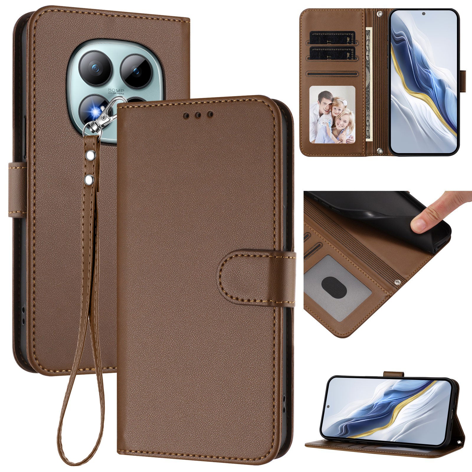 For Xiaomi Poco M8 Pro 5G / Redmi Note 15 Pro+ 5G (Global) Leather Case Wallet Stand Phone Cover with Wrist Strap - Brown