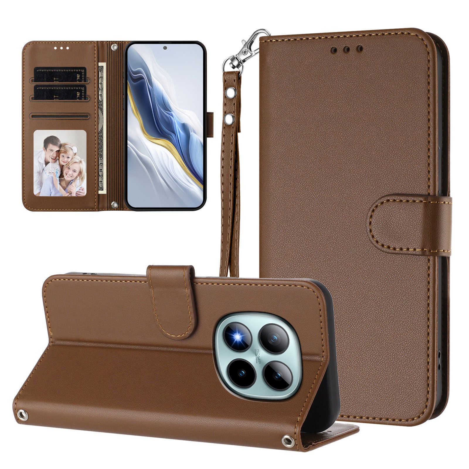 For Xiaomi Poco M8 Pro 5G / Redmi Note 15 Pro+ 5G (Global) Leather Case Wallet Stand Phone Cover with Wrist Strap - Brown