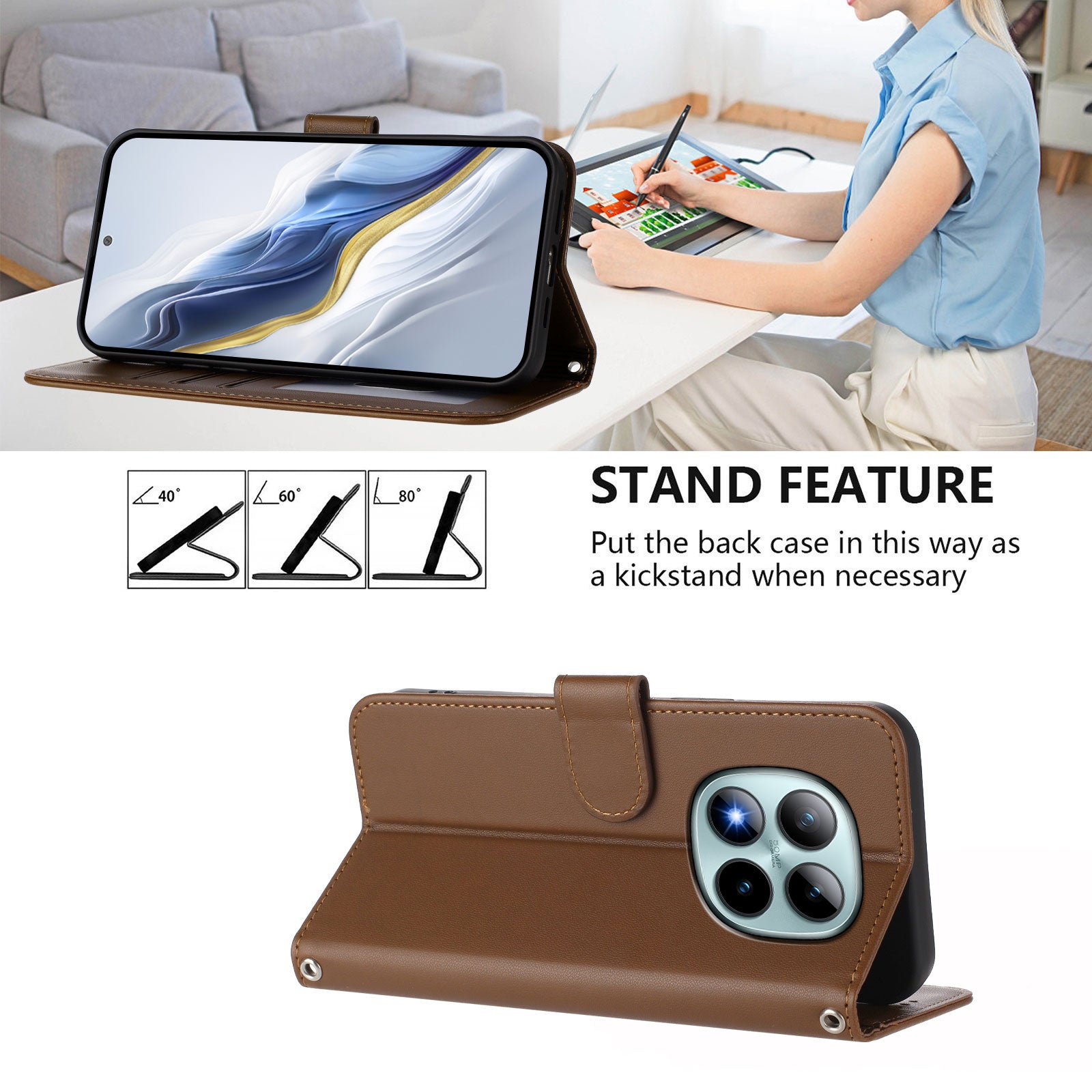 For Xiaomi Poco M8 Pro 5G / Redmi Note 15 Pro+ 5G (Global) Leather Case Wallet Stand Phone Cover with Wrist Strap - Brown