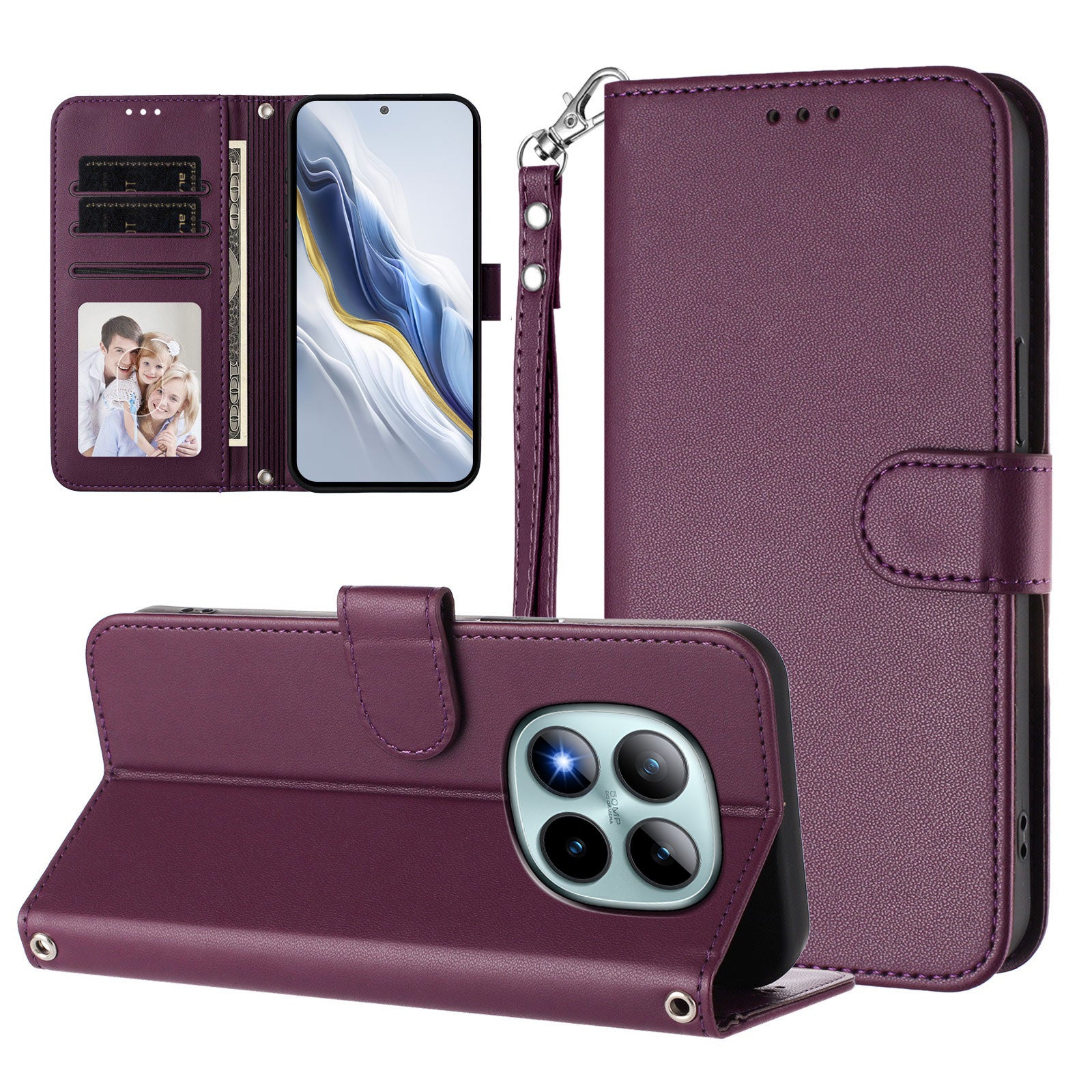For Xiaomi Poco M8 Pro 5G / Redmi Note 15 Pro+ 5G (Global) Leather Case Wallet Stand Phone Cover with Wrist Strap - Purple