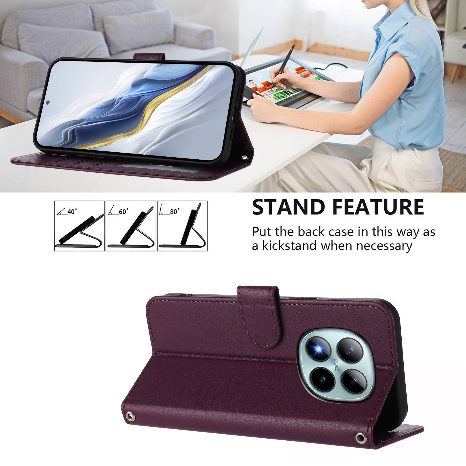 For Xiaomi Poco M8 Pro 5G / Redmi Note 15 Pro+ 5G (Global) Leather Case Wallet Stand Phone Cover with Wrist Strap - Purple