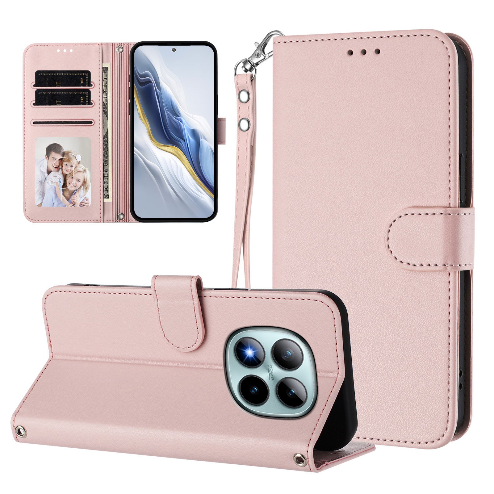 For Xiaomi Poco M8 Pro 5G / Redmi Note 15 Pro+ 5G (Global) Leather Case Wallet Stand Phone Cover with Wrist Strap - Pink