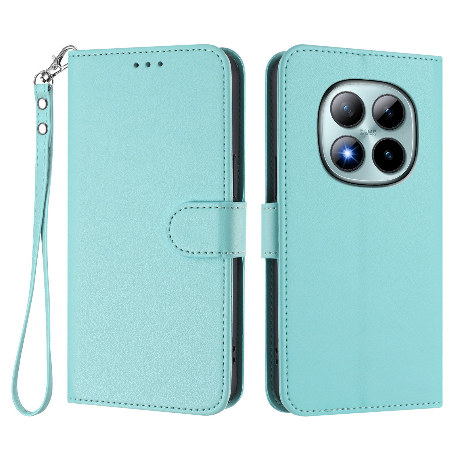 For Xiaomi Poco M8 Pro 5G / Redmi Note 15 Pro+ 5G (Global) Leather Case Wallet Stand Phone Cover with Wrist Strap - Mint Green