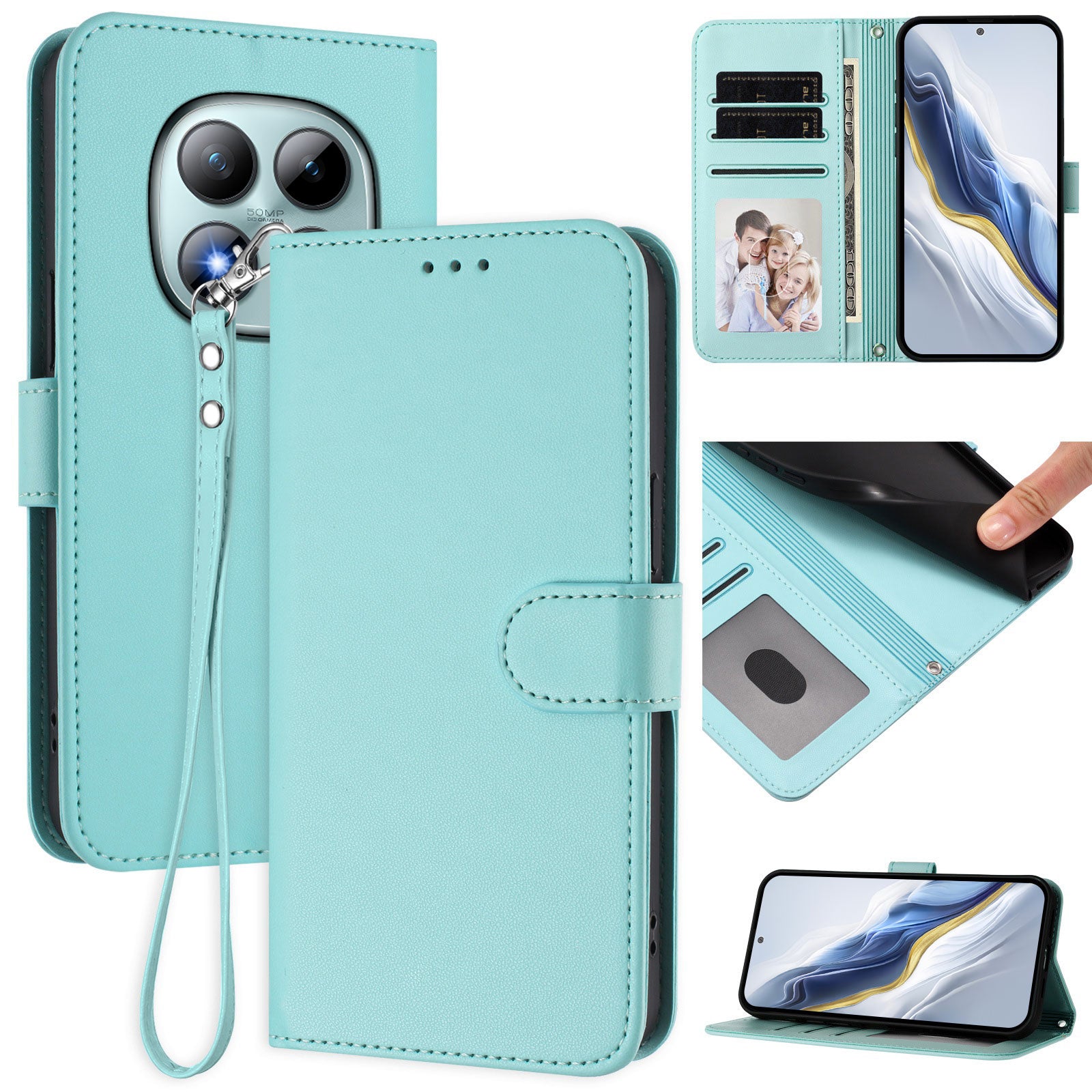 For Xiaomi Poco M8 Pro 5G / Redmi Note 15 Pro+ 5G (Global) Leather Case Wallet Stand Phone Cover with Wrist Strap - Mint Green
