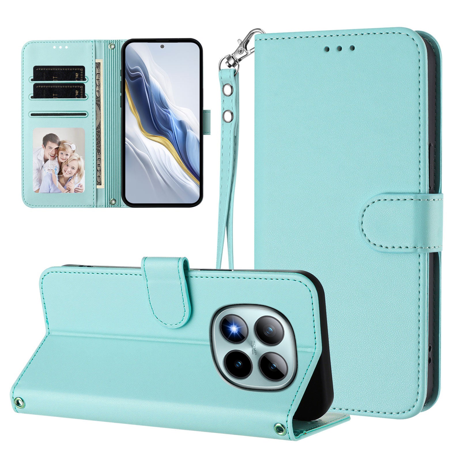 For Xiaomi Poco M8 Pro 5G / Redmi Note 15 Pro+ 5G (Global) Leather Case Wallet Stand Phone Cover with Wrist Strap - Mint Green