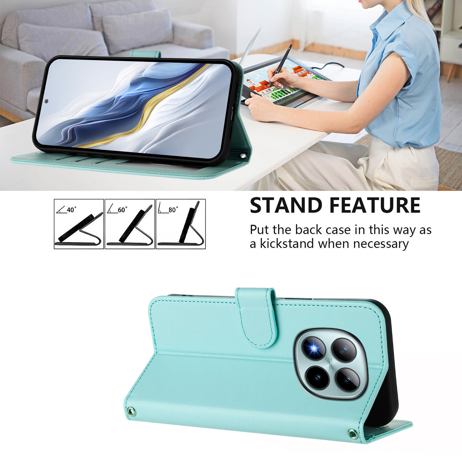 For Xiaomi Poco M8 Pro 5G / Redmi Note 15 Pro+ 5G (Global) Leather Case Wallet Stand Phone Cover with Wrist Strap - Mint Green