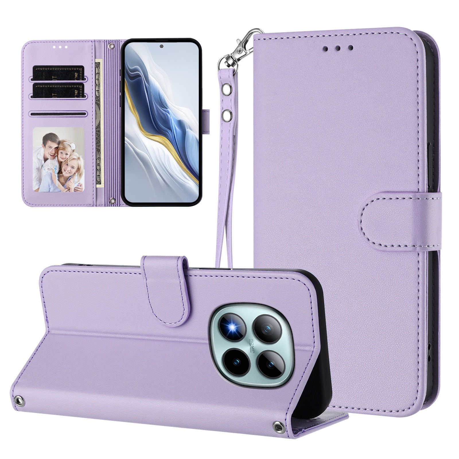 For Xiaomi Poco M8 Pro 5G / Redmi Note 15 Pro+ 5G (Global) Leather Case Wallet Stand Phone Cover with Wrist Strap - Light Purple