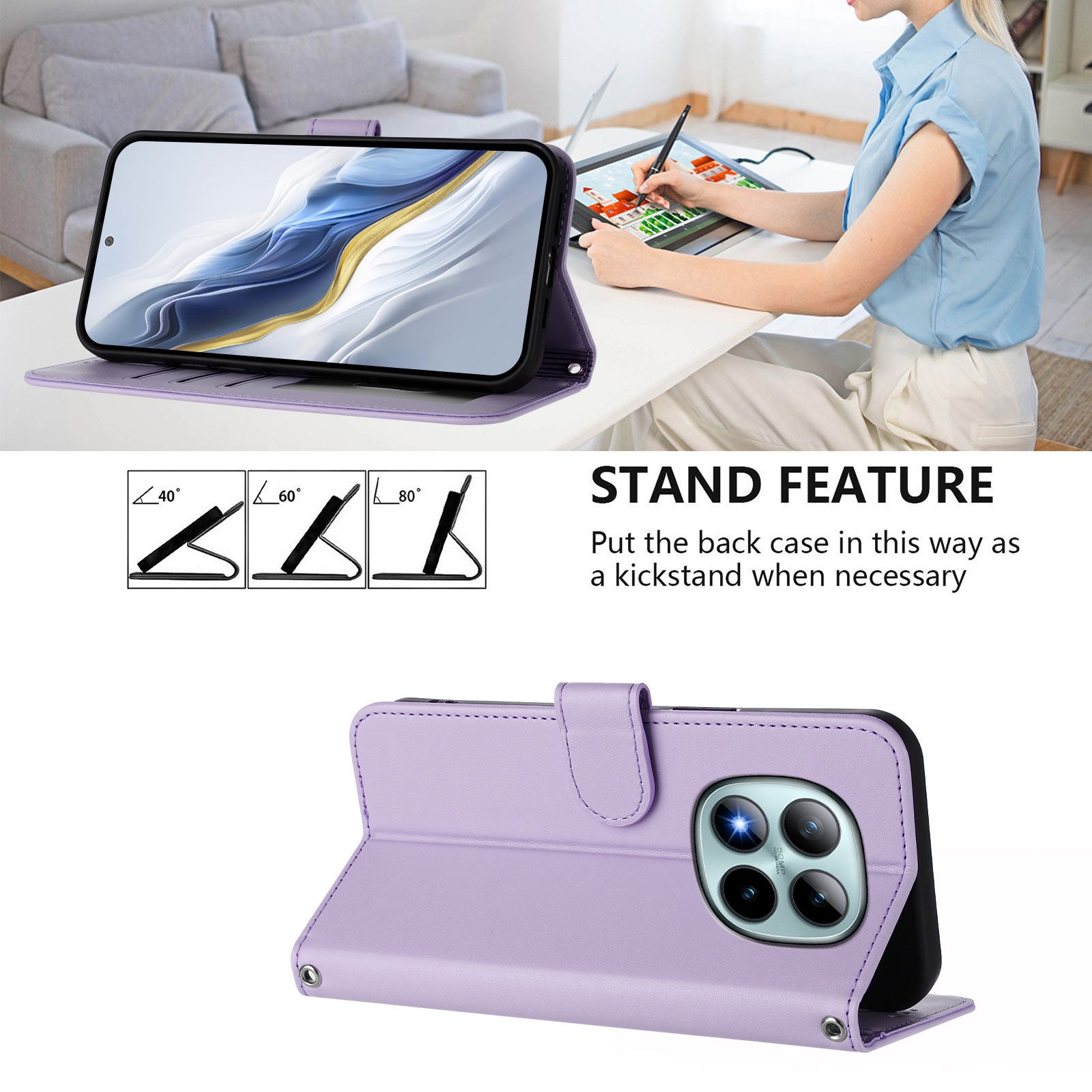 For Xiaomi Poco M8 Pro 5G / Redmi Note 15 Pro+ 5G (Global) Leather Case Wallet Stand Phone Cover with Wrist Strap - Light Purple