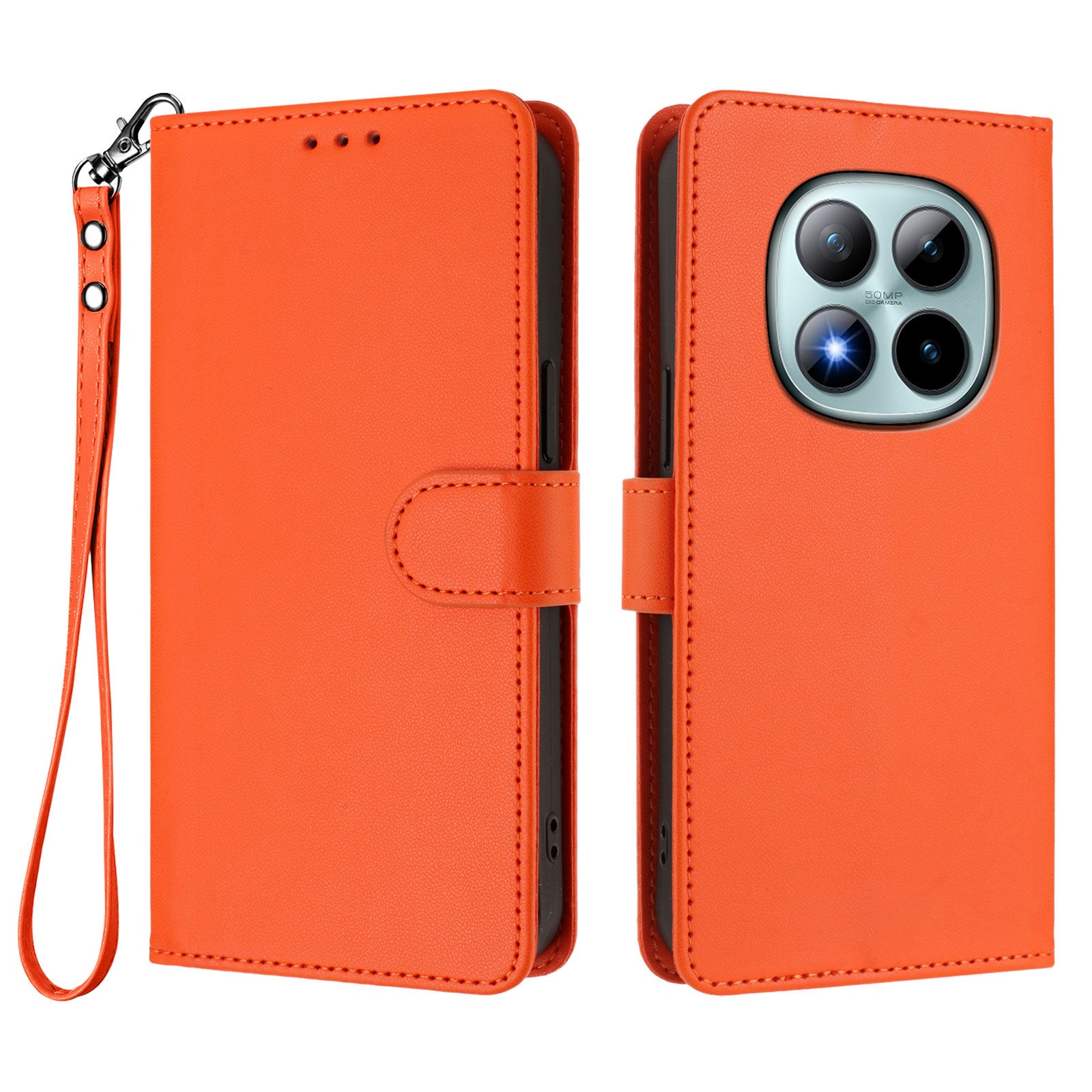 For Xiaomi Poco M8 Pro 5G / Redmi Note 15 Pro+ 5G (Global) Leather Case Wallet Stand Phone Cover with Wrist Strap - Orange