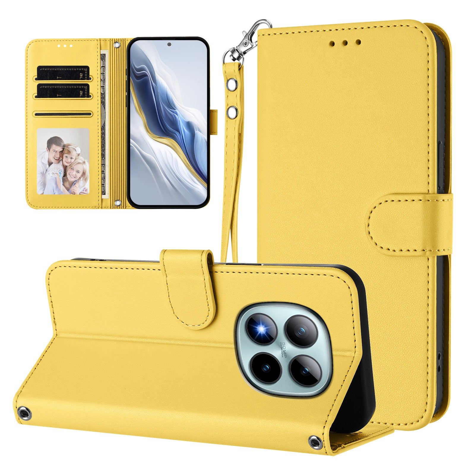 For Xiaomi Poco M8 Pro 5G / Redmi Note 15 Pro+ 5G (Global) Leather Case Wallet Stand Phone Cover with Wrist Strap - Yellow