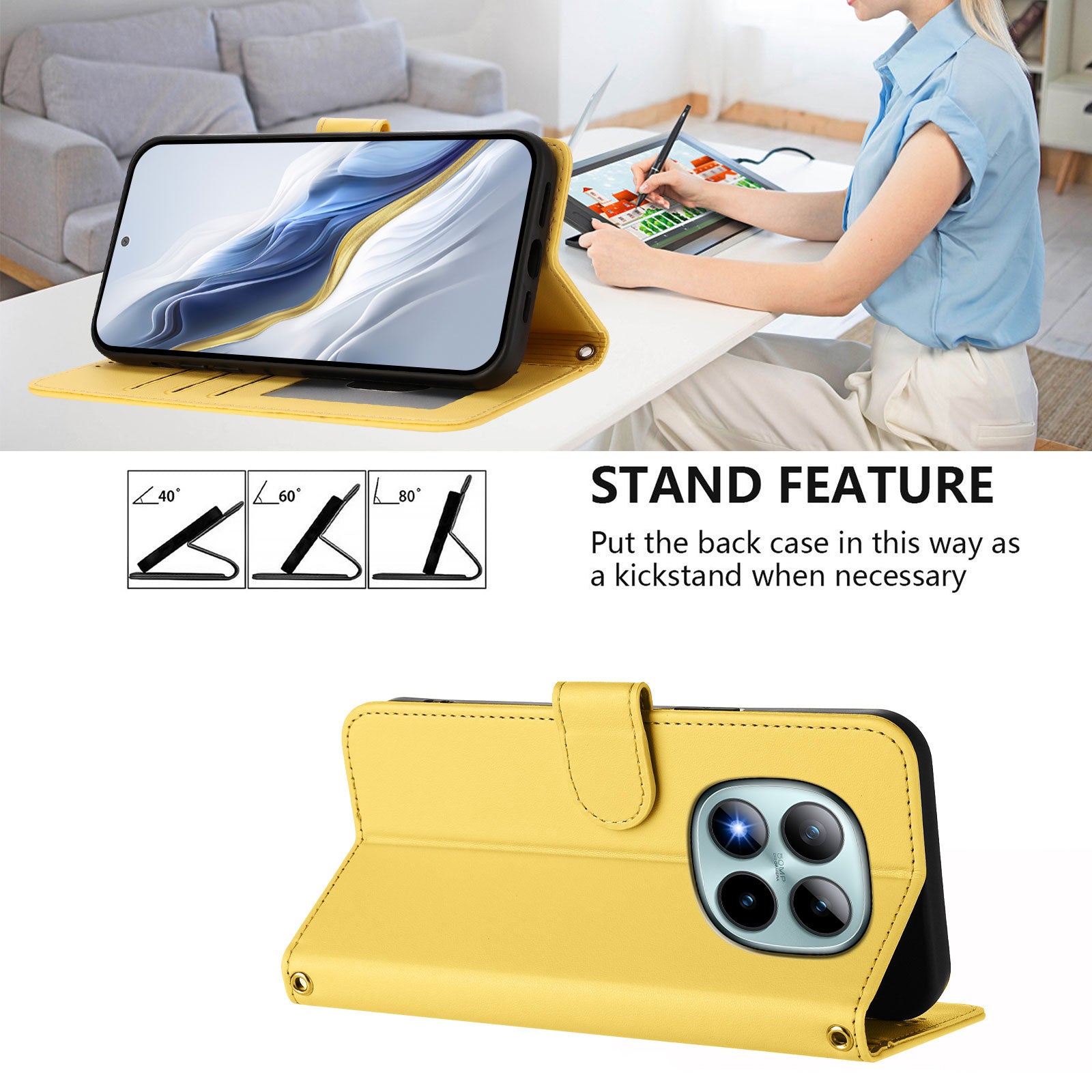For Xiaomi Poco M8 Pro 5G / Redmi Note 15 Pro+ 5G (Global) Leather Case Wallet Stand Phone Cover with Wrist Strap - Yellow