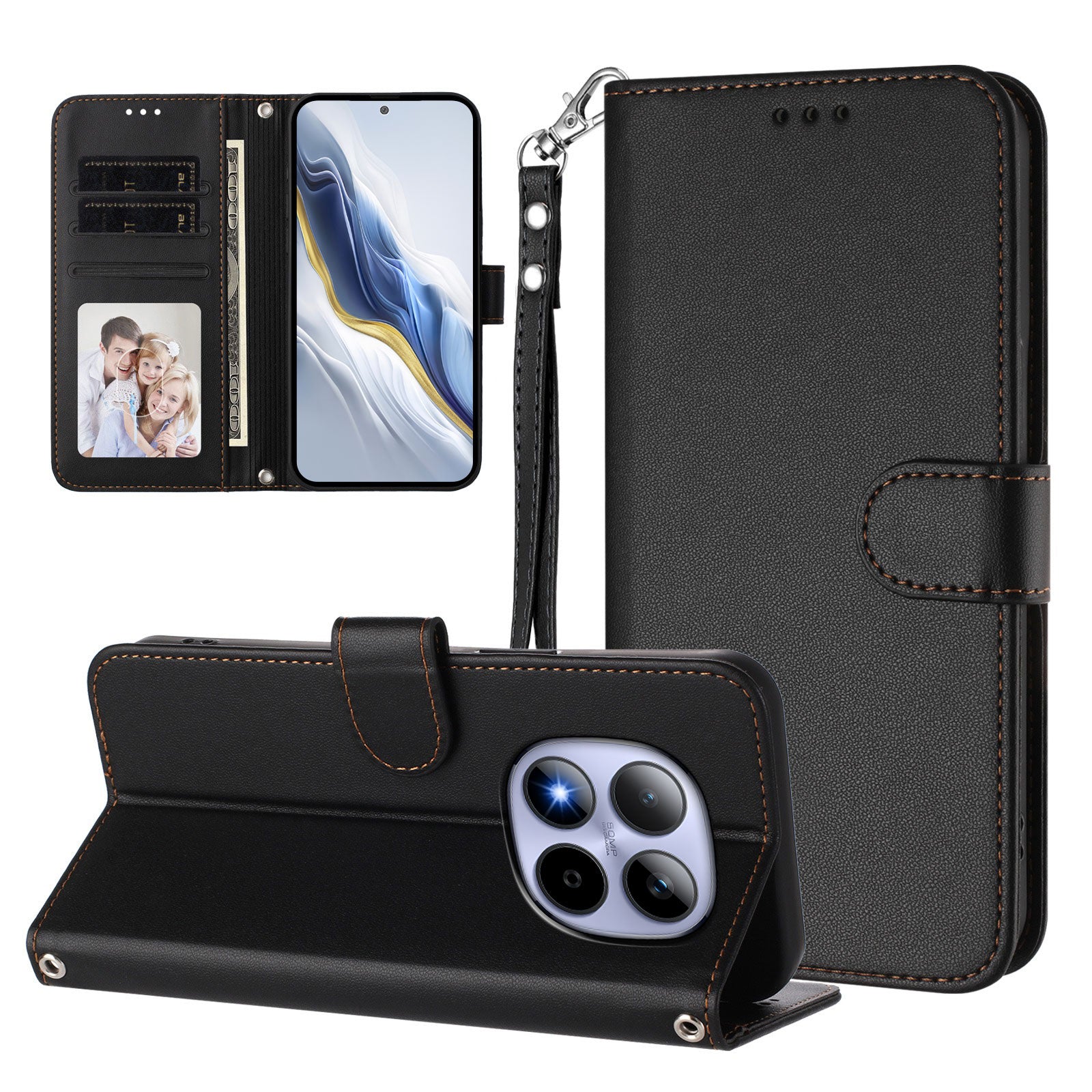 For Xiaomi Redmi Note 15 Pro 5G (Global) Leather Case Wallet Stand Phone Cover with Wrist Strap - Black