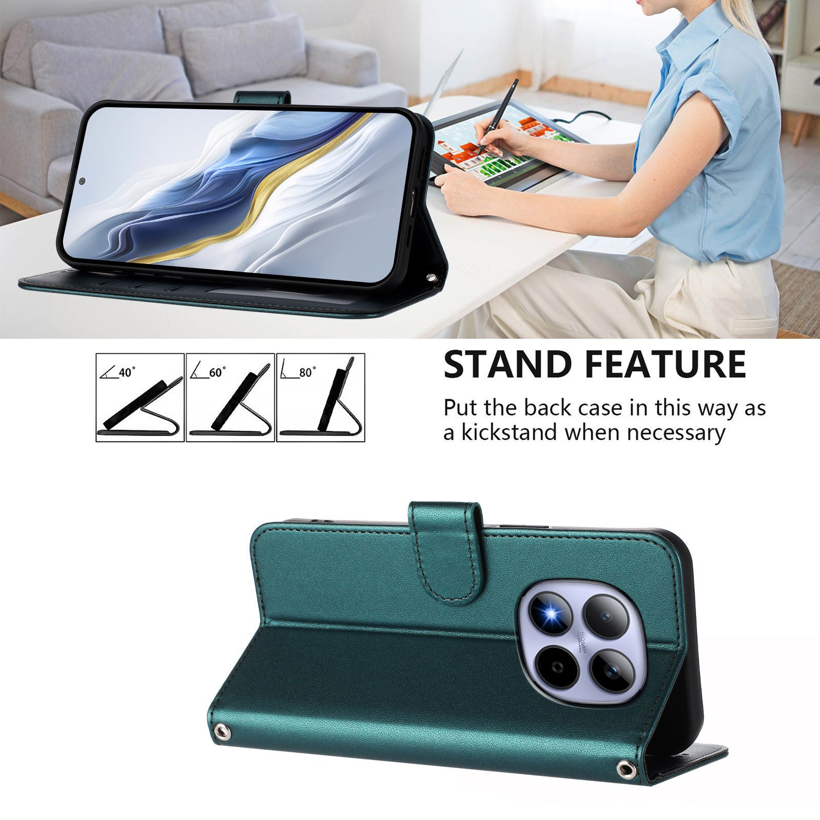 For Xiaomi Redmi Note 15 Pro 5G (Global) Leather Case Wallet Stand Phone Cover with Wrist Strap - Green