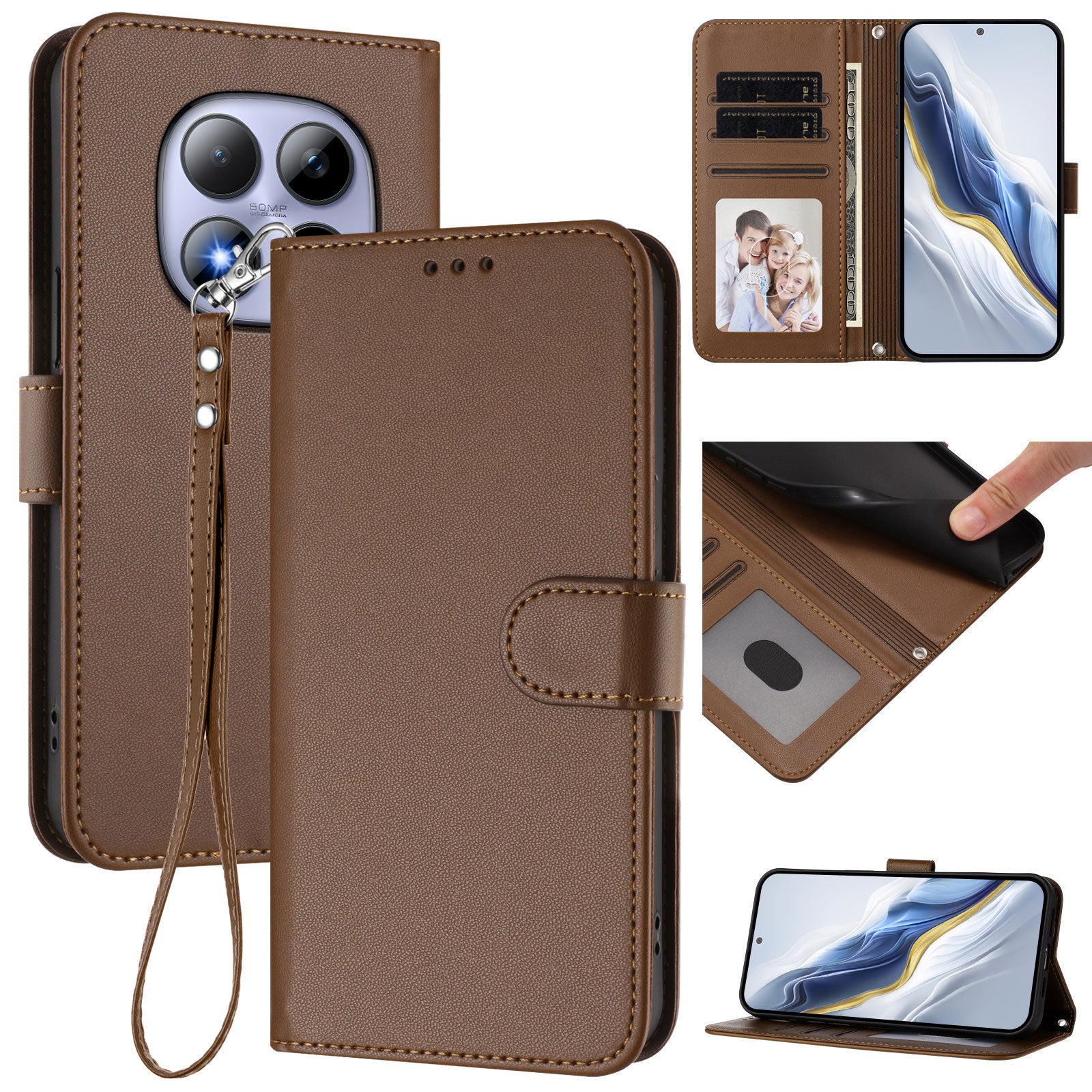 For Xiaomi Redmi Note 15 Pro 5G (Global) Leather Case Wallet Stand Phone Cover with Wrist Strap - Brown