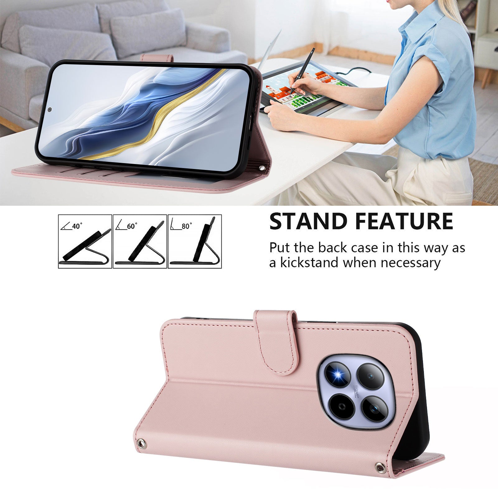 For Xiaomi Redmi Note 15 Pro 5G (Global) Leather Case Wallet Stand Phone Cover with Wrist Strap - Pink