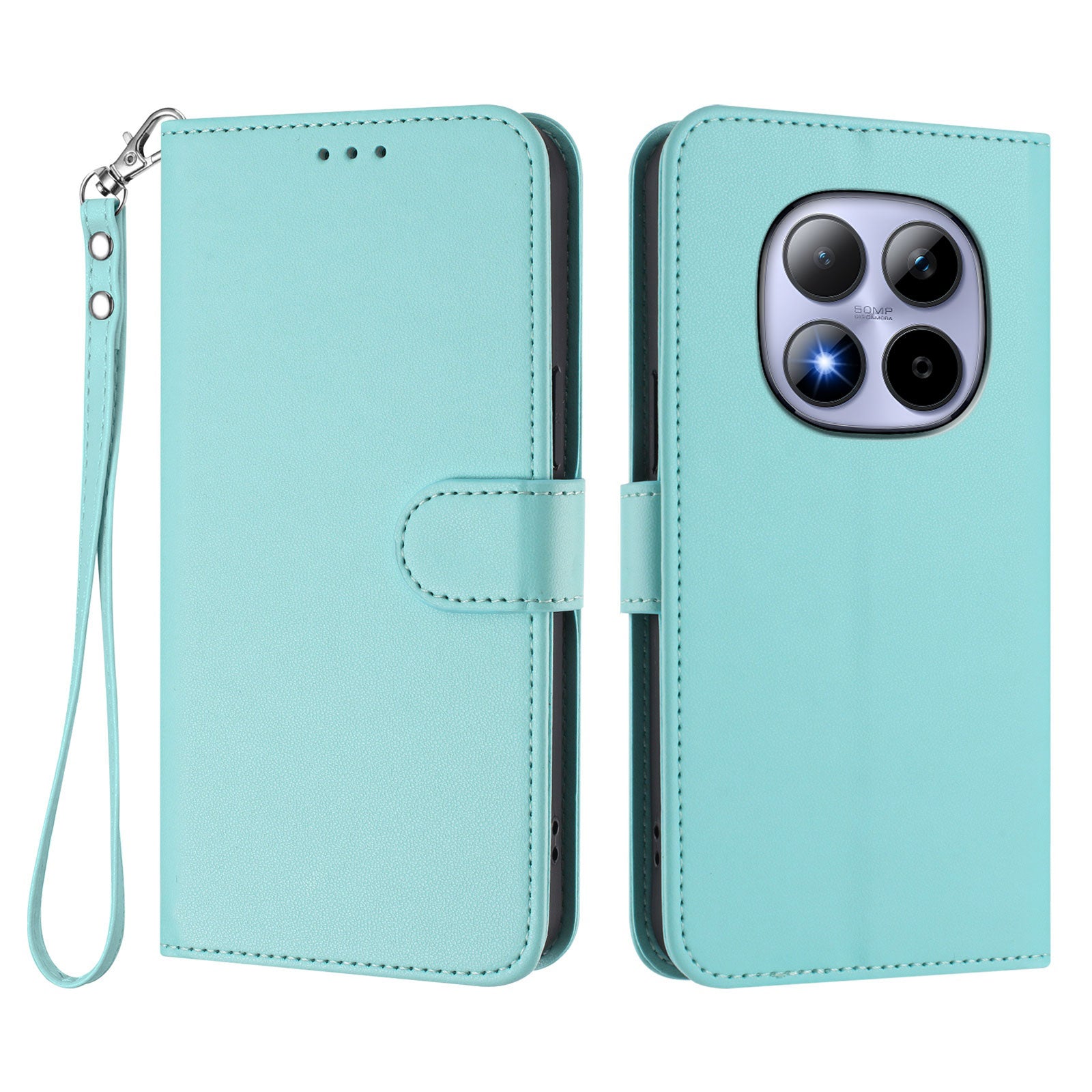 For Xiaomi Redmi Note 15 Pro 5G (Global) Leather Case Wallet Stand Phone Cover with Wrist Strap - Mint Green
