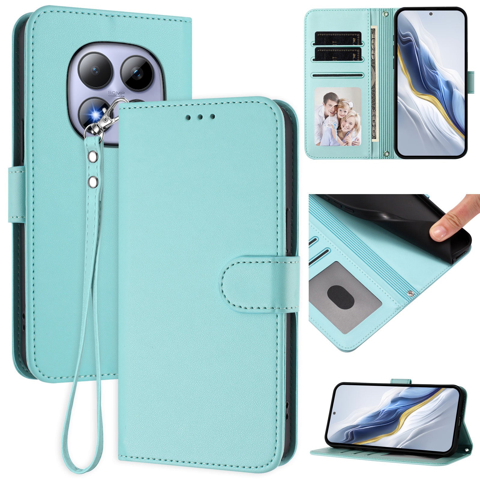 For Xiaomi Redmi Note 15 Pro 5G (Global) Leather Case Wallet Stand Phone Cover with Wrist Strap - Mint Green