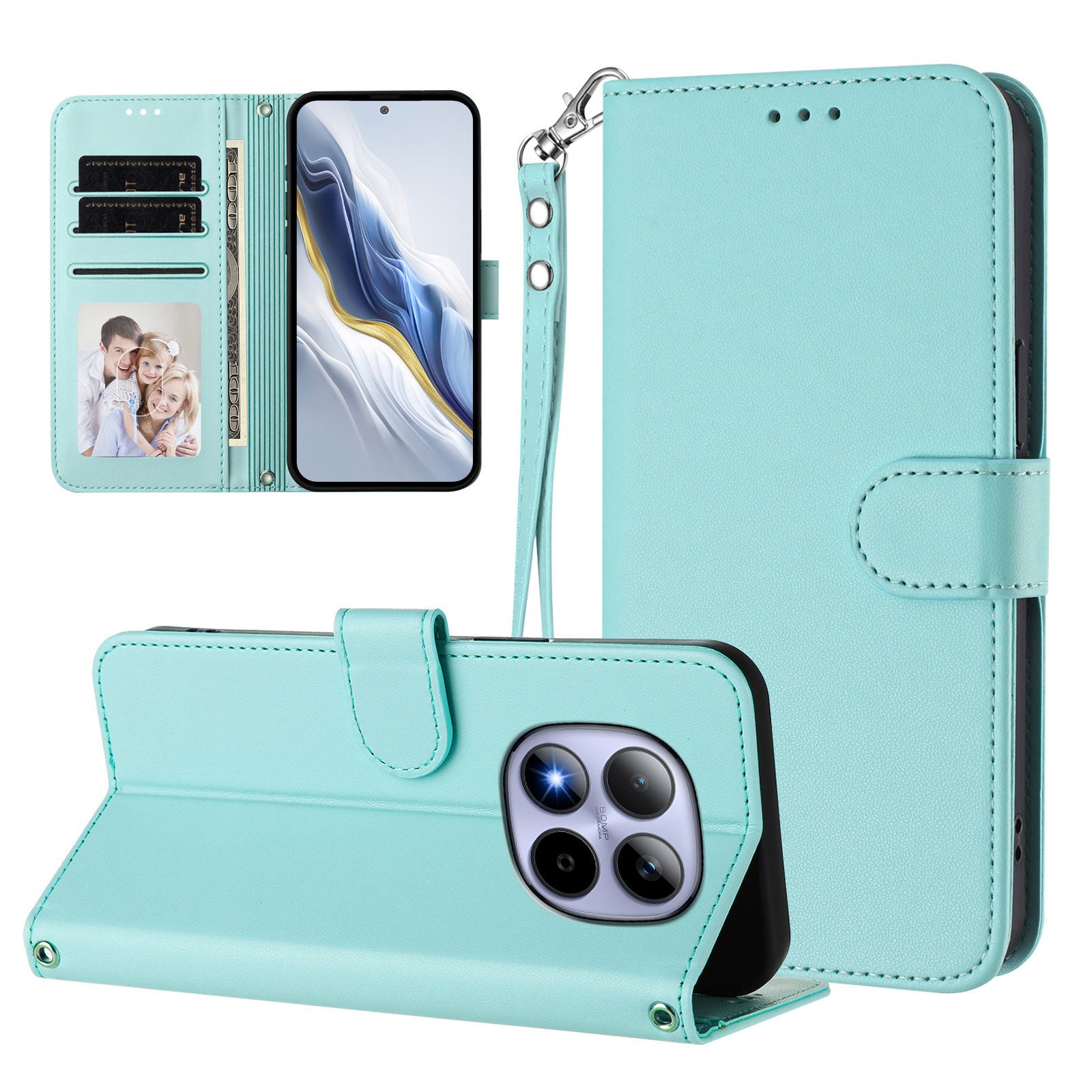 For Xiaomi Redmi Note 15 Pro 5G (Global) Leather Case Wallet Stand Phone Cover with Wrist Strap - Mint Green