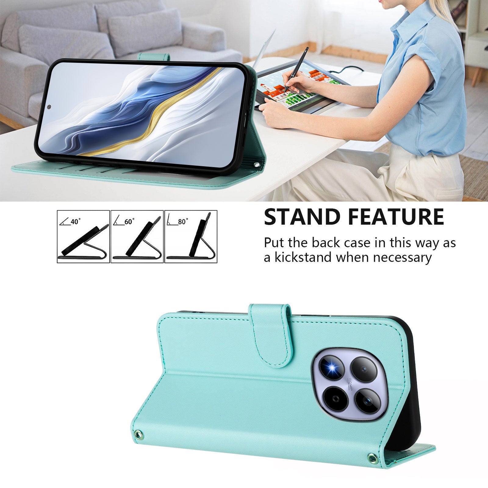 For Xiaomi Redmi Note 15 Pro 5G (Global) Leather Case Wallet Stand Phone Cover with Wrist Strap - Mint Green
