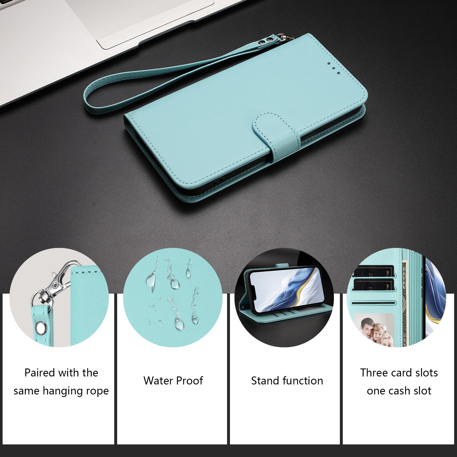 For Xiaomi Redmi Note 15 Pro 5G (Global) Leather Case Wallet Stand Phone Cover with Wrist Strap - Mint Green