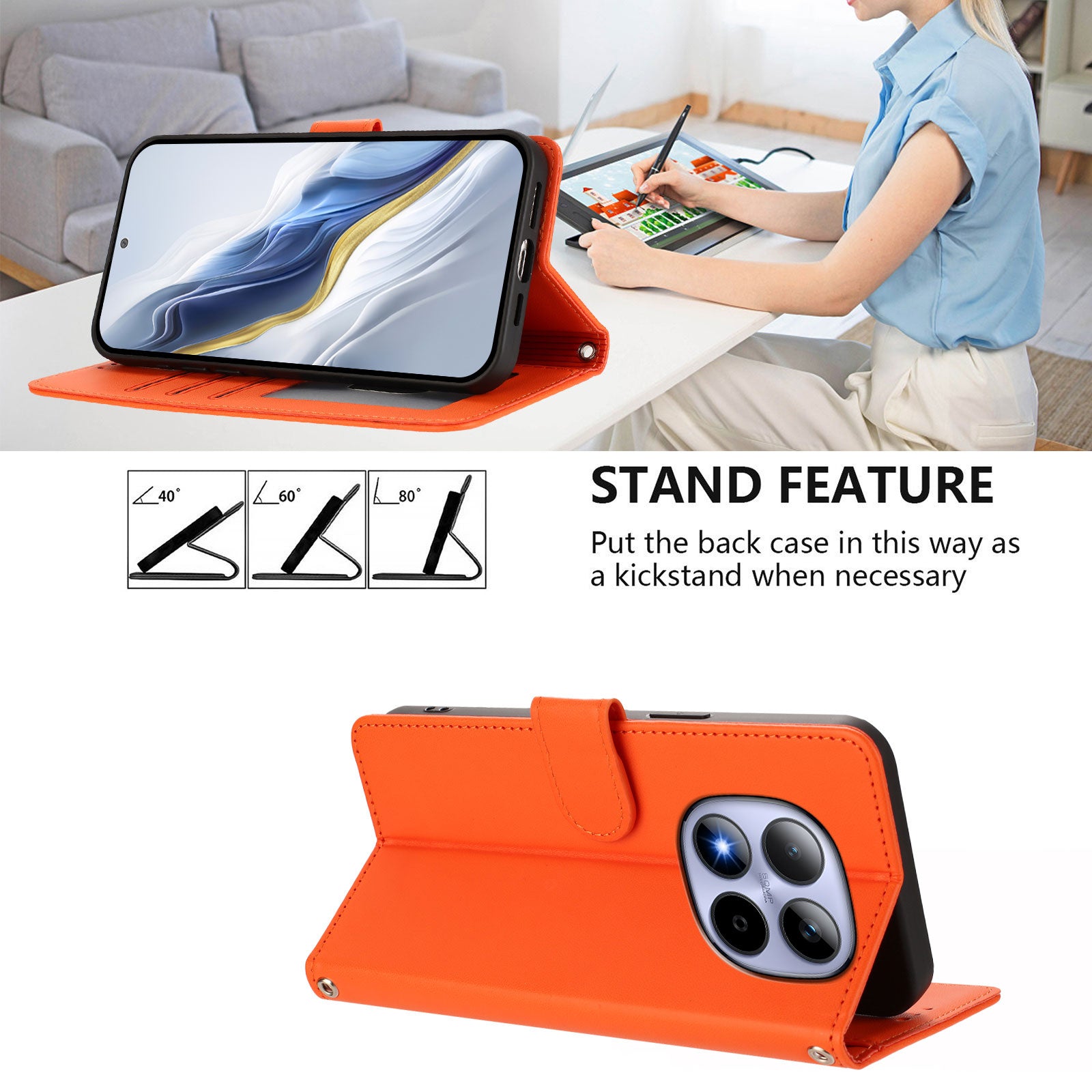 For Xiaomi Redmi Note 15 Pro 5G (Global) Leather Case Wallet Stand Phone Cover with Wrist Strap - Orange