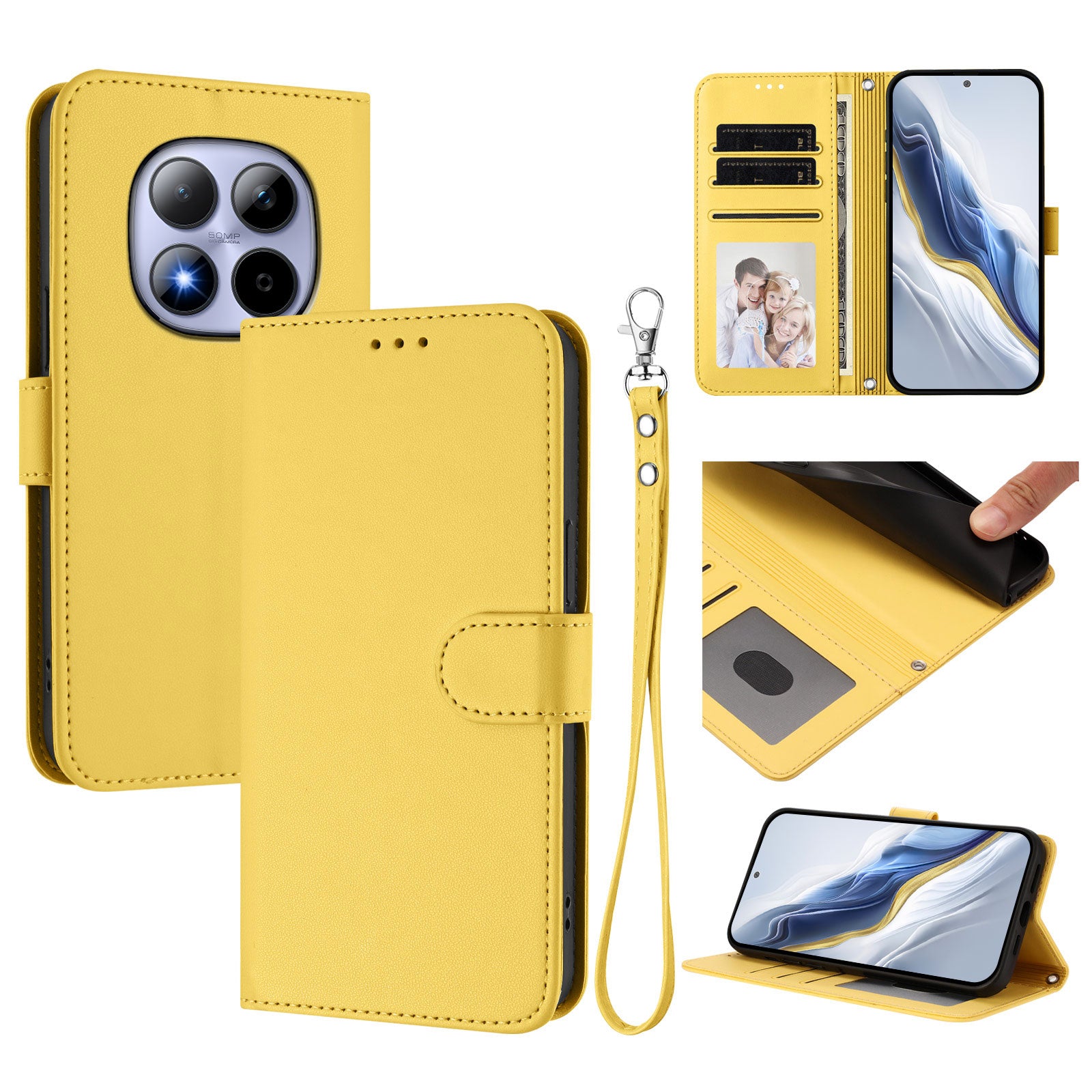 For Xiaomi Redmi Note 15 Pro 5G (Global) Leather Case Wallet Stand Phone Cover with Wrist Strap - Yellow