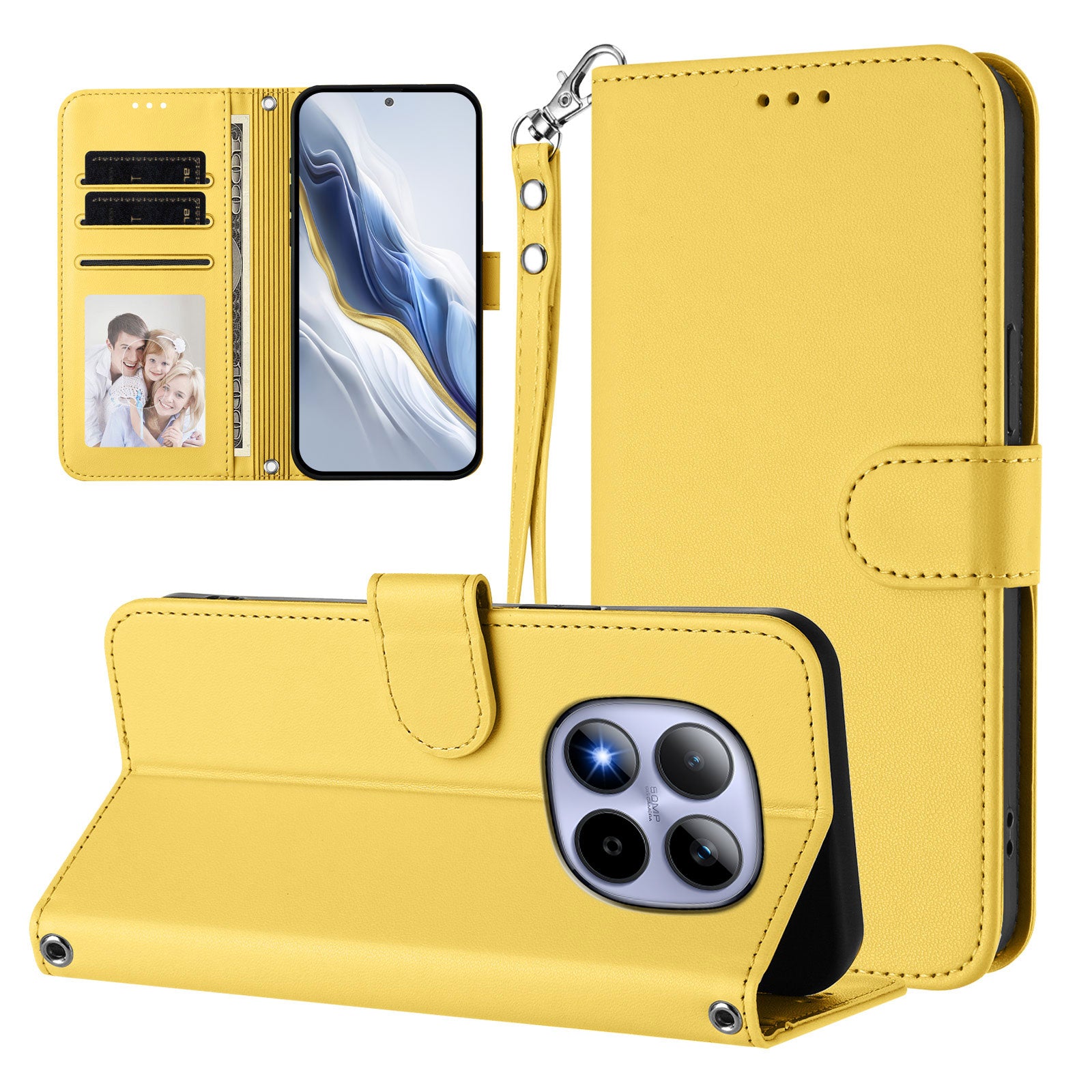 For Xiaomi Redmi Note 15 Pro 5G (Global) Leather Case Wallet Stand Phone Cover with Wrist Strap - Yellow