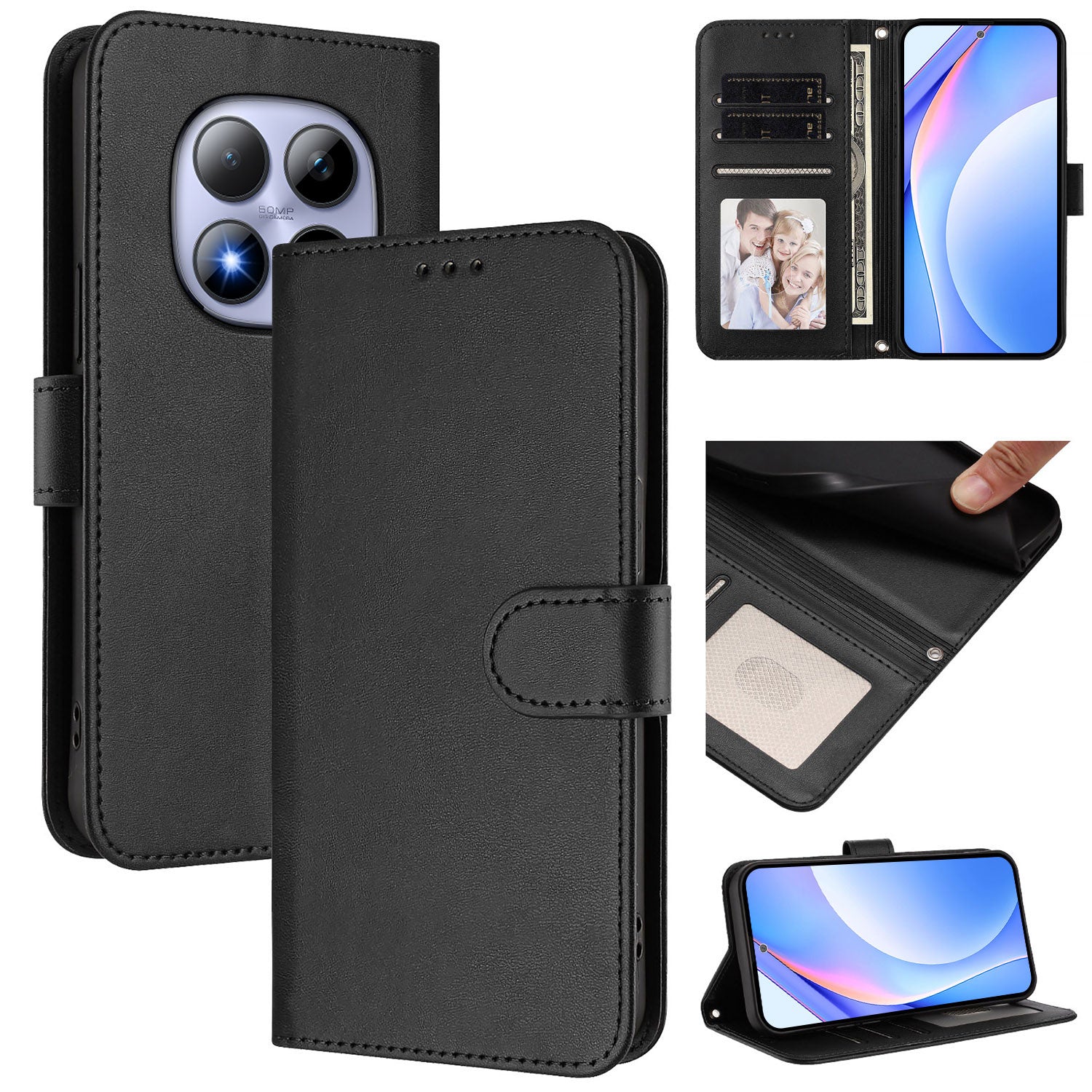For Xiaomi Redmi Note 15 Pro 5G (Global) Wallet Case RFID Blocking Calf Texture Leather Stand Phone Cover with Strap - Black