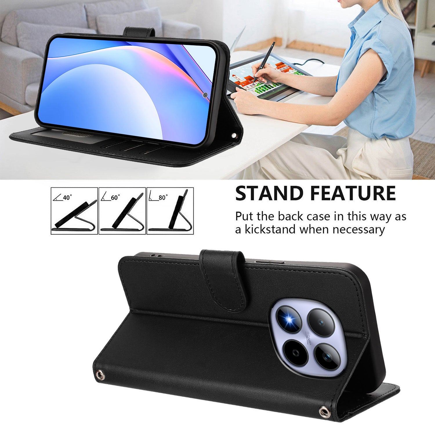 For Xiaomi Redmi Note 15 Pro 5G (Global) Wallet Case RFID Blocking Calf Texture Leather Stand Phone Cover with Strap - Black