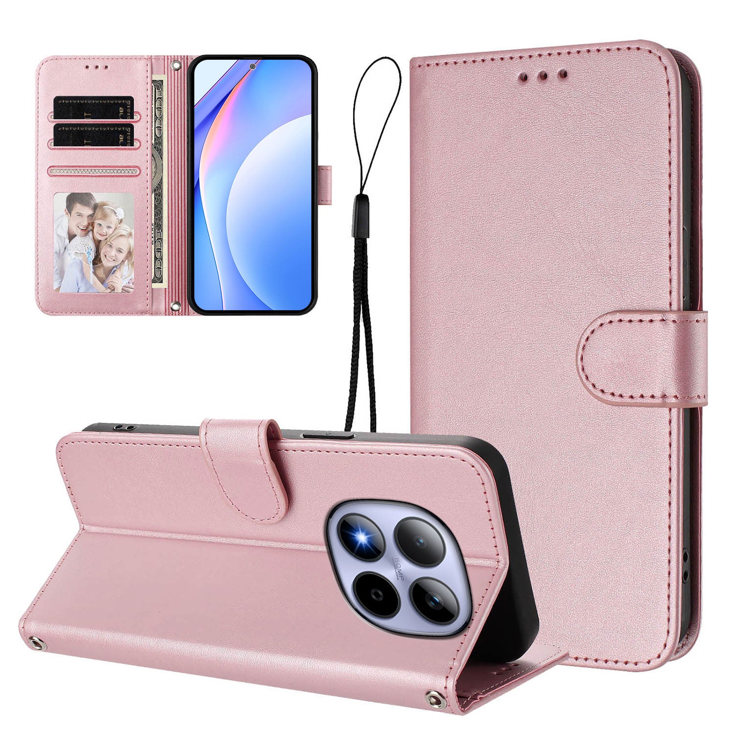 For Xiaomi Redmi Note 15 Pro 5G (Global) Wallet Case RFID Blocking Calf Texture Leather Stand Phone Cover with Strap - Pink