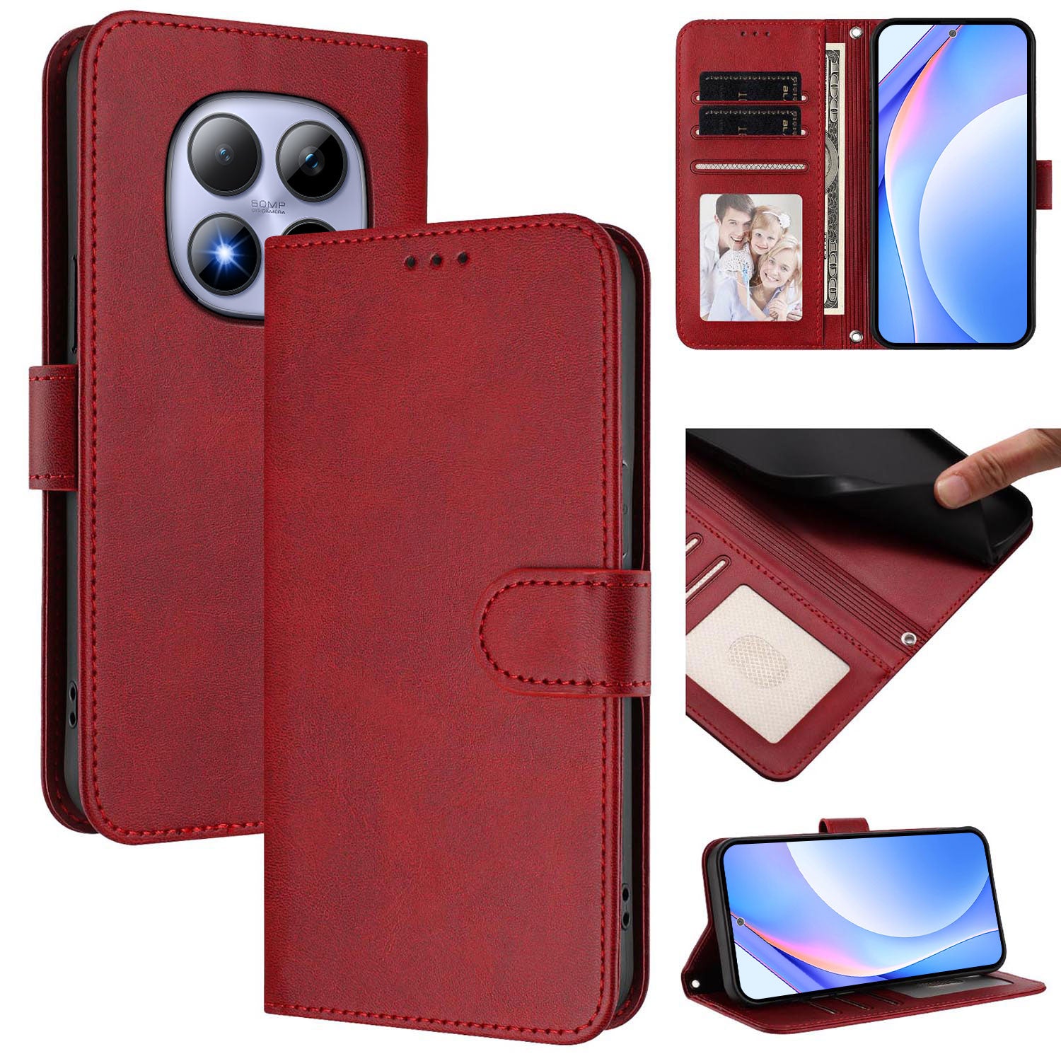 For Xiaomi Redmi Note 15 Pro 5G (Global) Wallet Case RFID Blocking Calf Texture Leather Stand Phone Cover with Strap - Wine Red