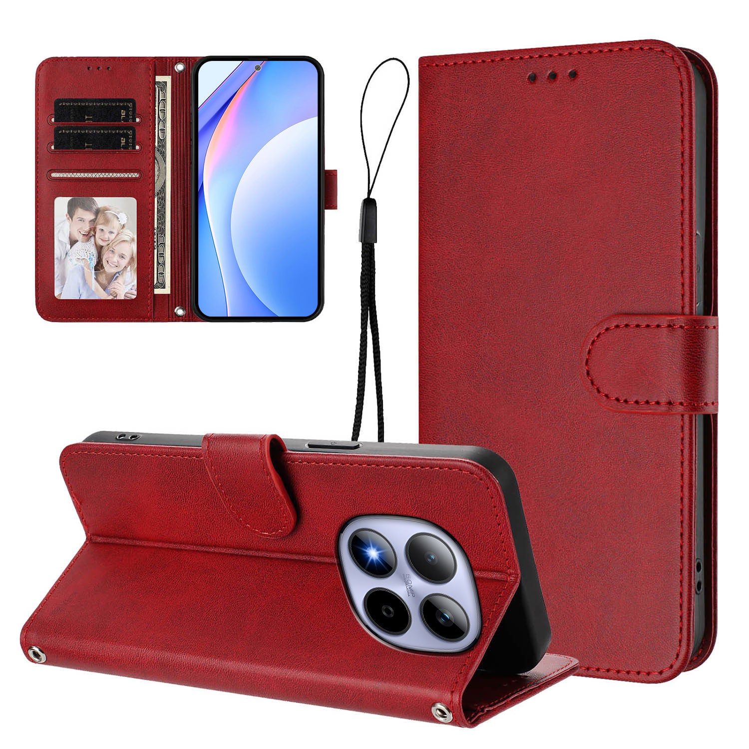 For Xiaomi Redmi Note 15 Pro 5G (Global) Wallet Case RFID Blocking Calf Texture Leather Stand Phone Cover with Strap - Wine Red