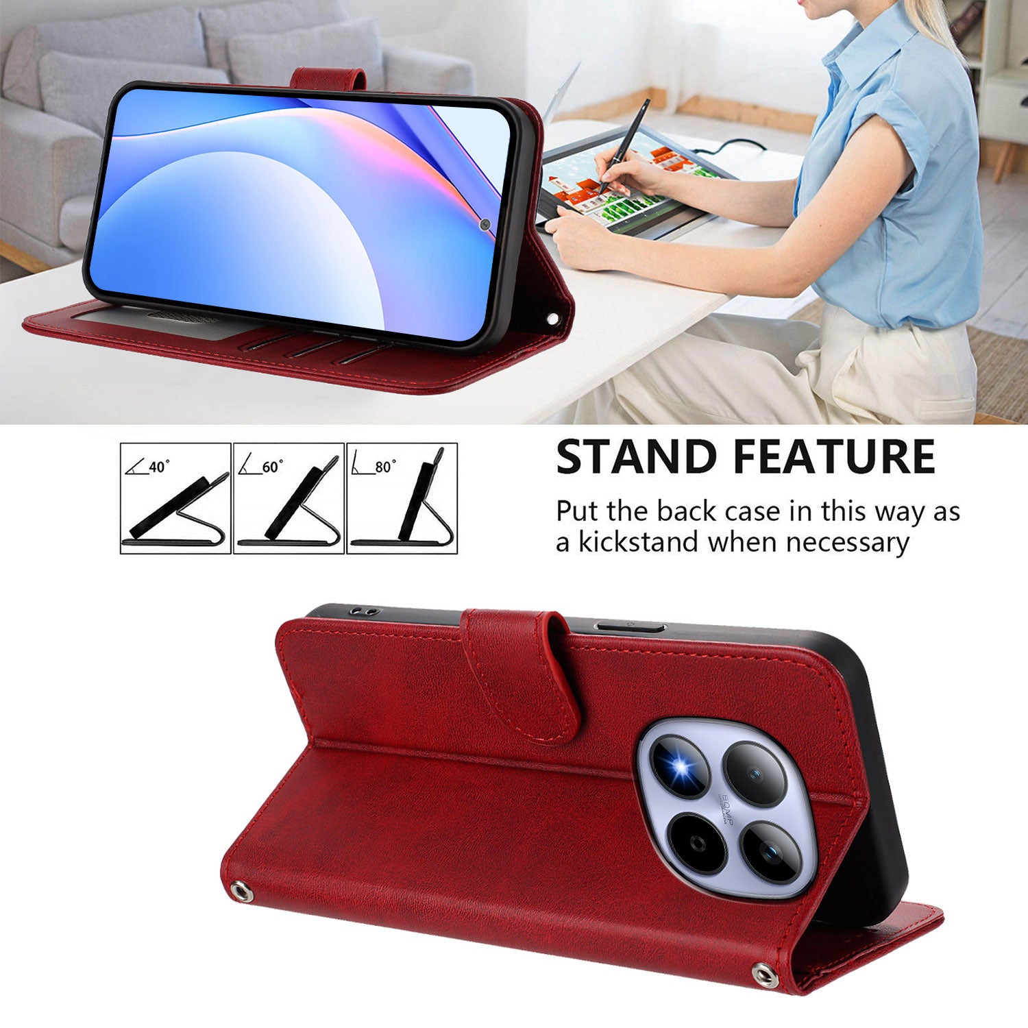 For Xiaomi Redmi Note 15 Pro 5G (Global) Wallet Case RFID Blocking Calf Texture Leather Stand Phone Cover with Strap - Wine Red