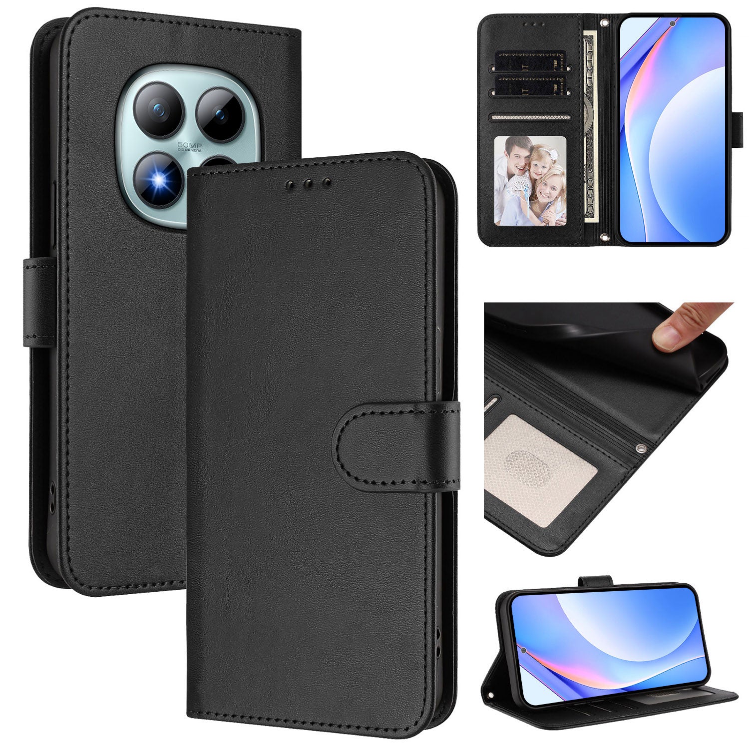 For Xiaomi Poco M8 Pro 5G / Redmi Note 15 Pro+ 5G (Global) Wallet Case RFID Blocking Calf Texture Leather Stand Phone Cover with Strap - Black
