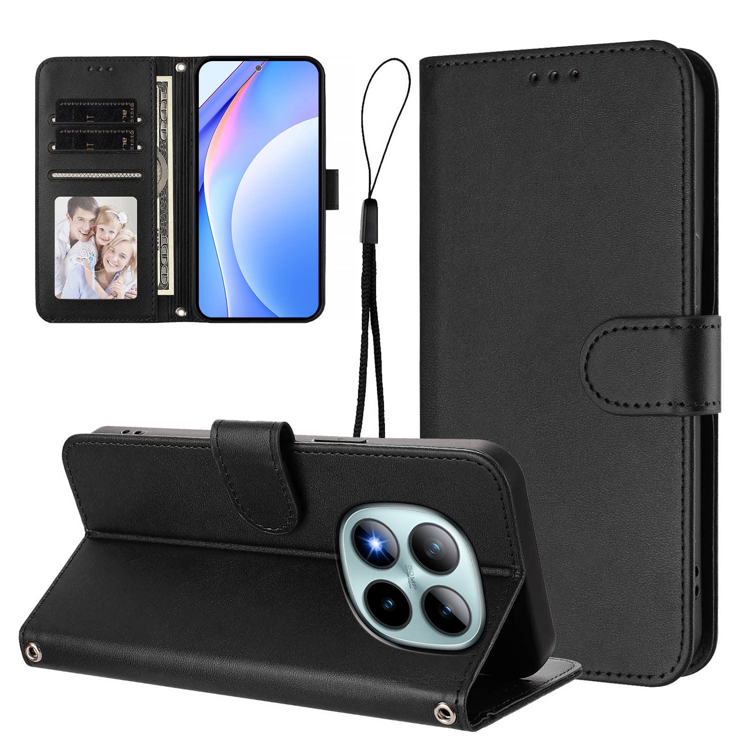 For Xiaomi Poco M8 Pro 5G / Redmi Note 15 Pro+ 5G (Global) Wallet Case RFID Blocking Calf Texture Leather Stand Phone Cover with Strap - Black