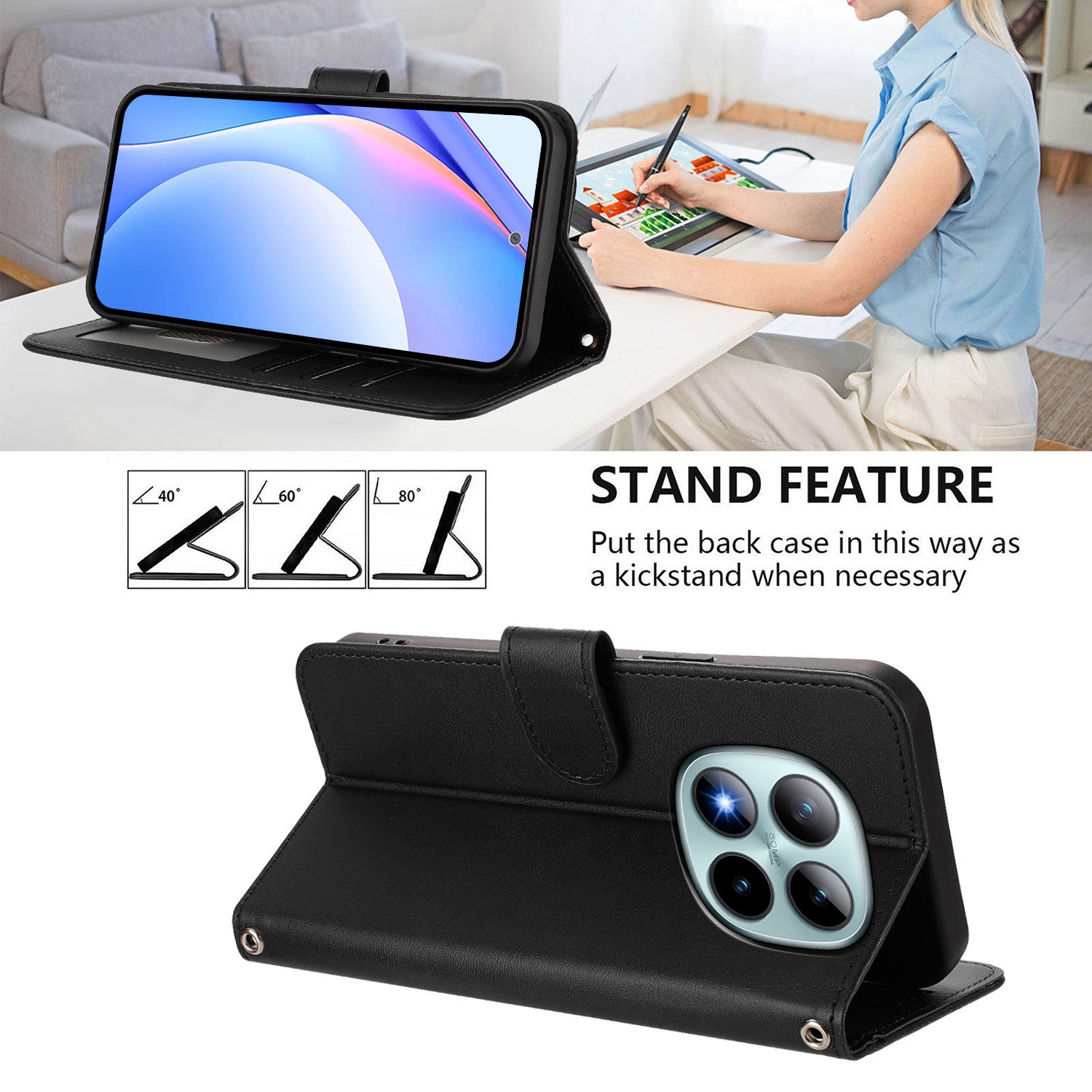 For Xiaomi Poco M8 Pro 5G / Redmi Note 15 Pro+ 5G (Global) Wallet Case RFID Blocking Calf Texture Leather Stand Phone Cover with Strap - Black