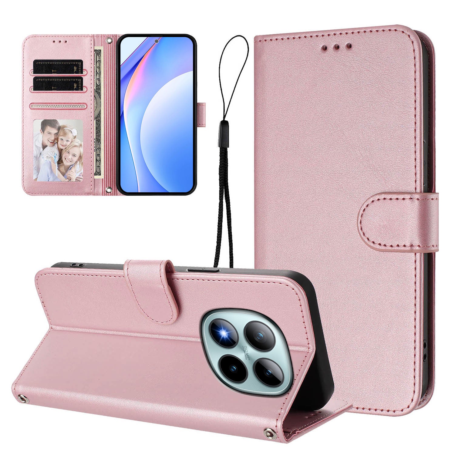 For Xiaomi Poco M8 Pro 5G / Redmi Note 15 Pro+ 5G (Global) Wallet Case RFID Blocking Calf Texture Leather Stand Phone Cover with Strap - Pink